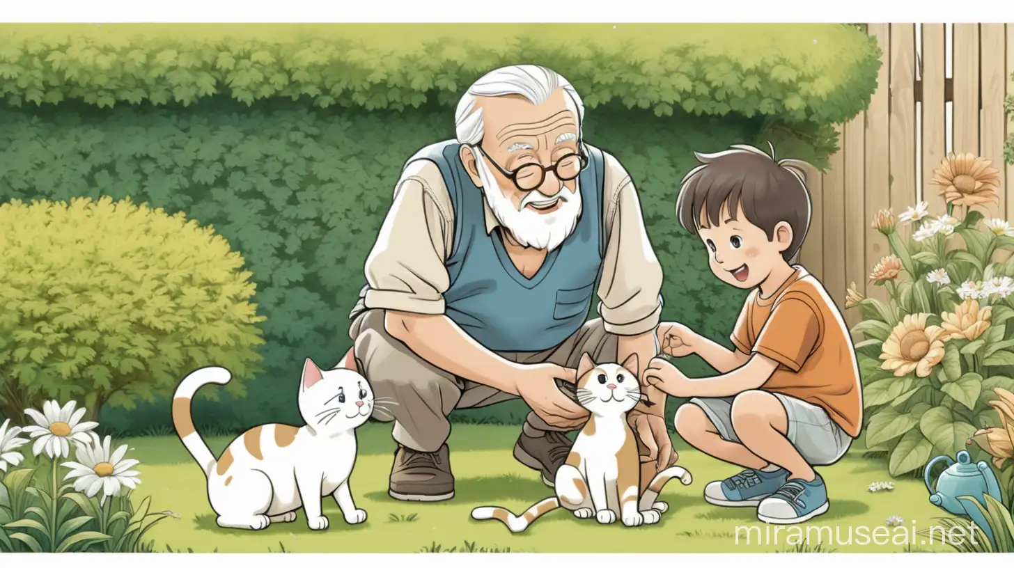 Elderly Man and Child Enjoying Playful Moments with a Cat in a Whimsical Garden Setting
