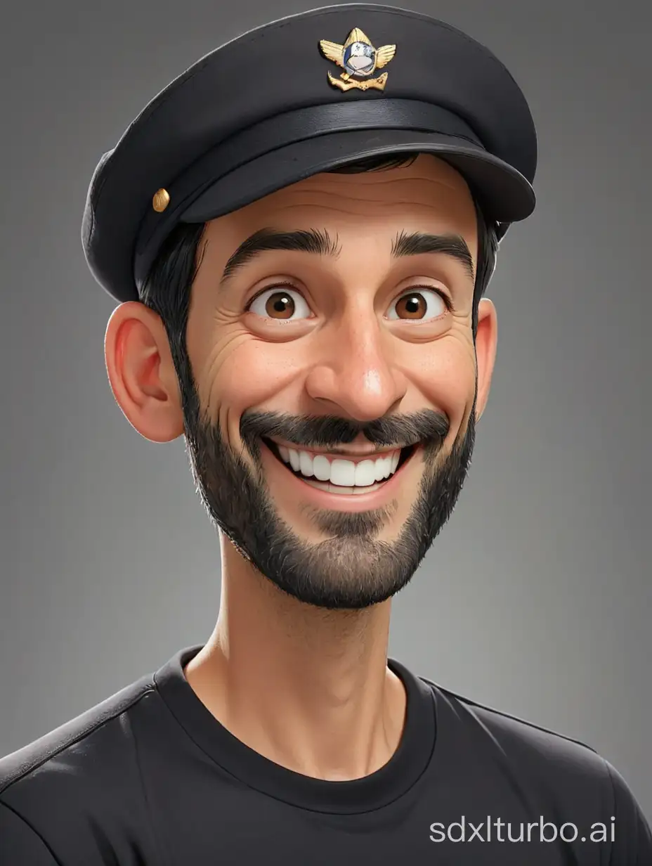 Caricature of a man with a thin beard, short black hair, wearing a captain hat, wearing a black t-shirt. Smiling, Gray background