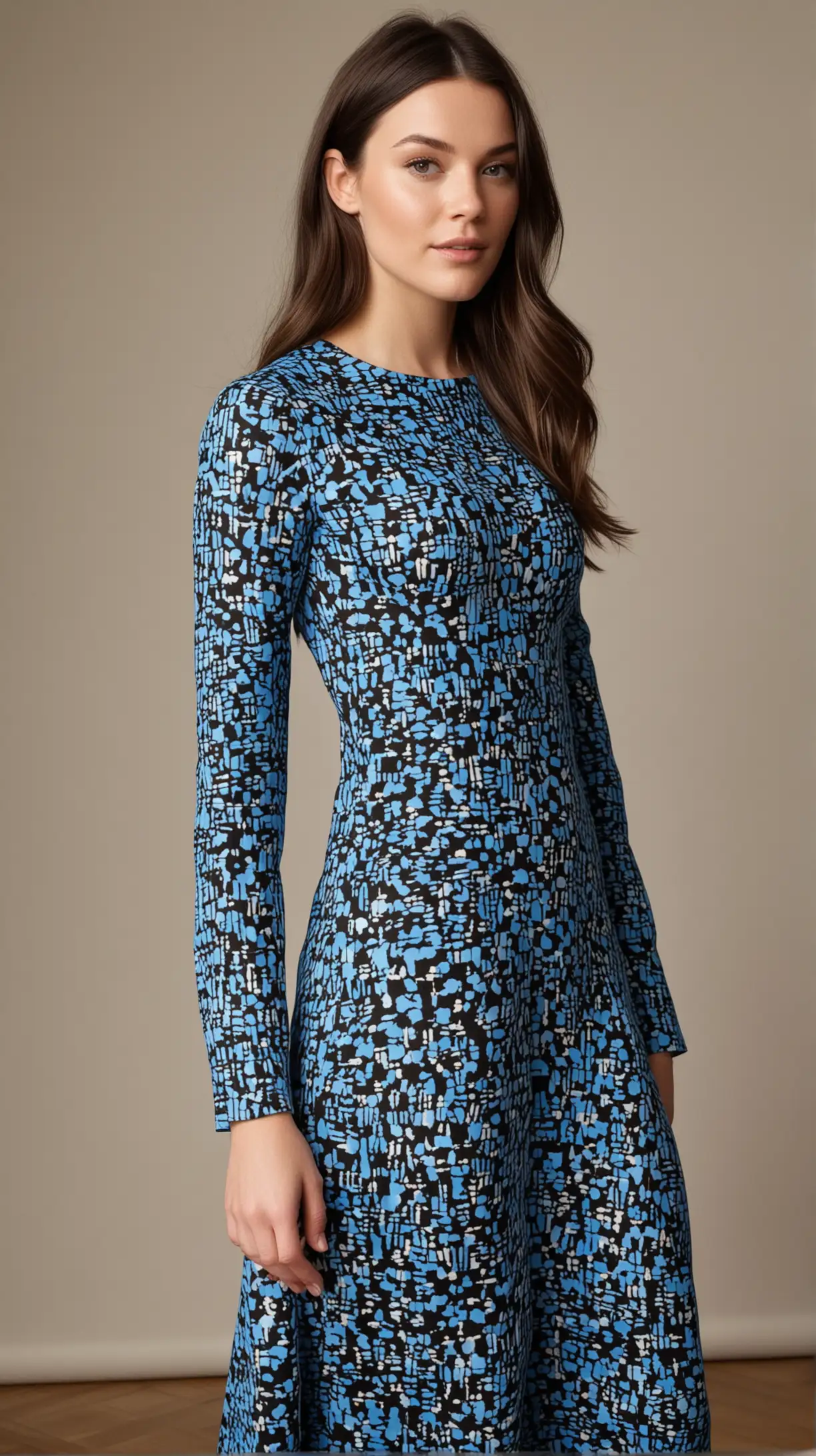 25-year-old Jordan Claire Robbins with long, dark, brunette hair wearing an Emilia Wickstead long-sleeve blue and black-patterned, mid-length gown
