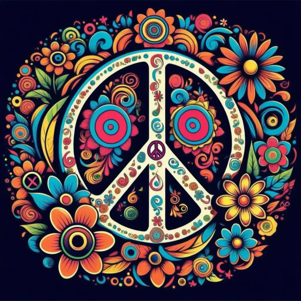 Psychedelic RetroStyle Illustration with Peace Sign Flowers and Swirling Patterns