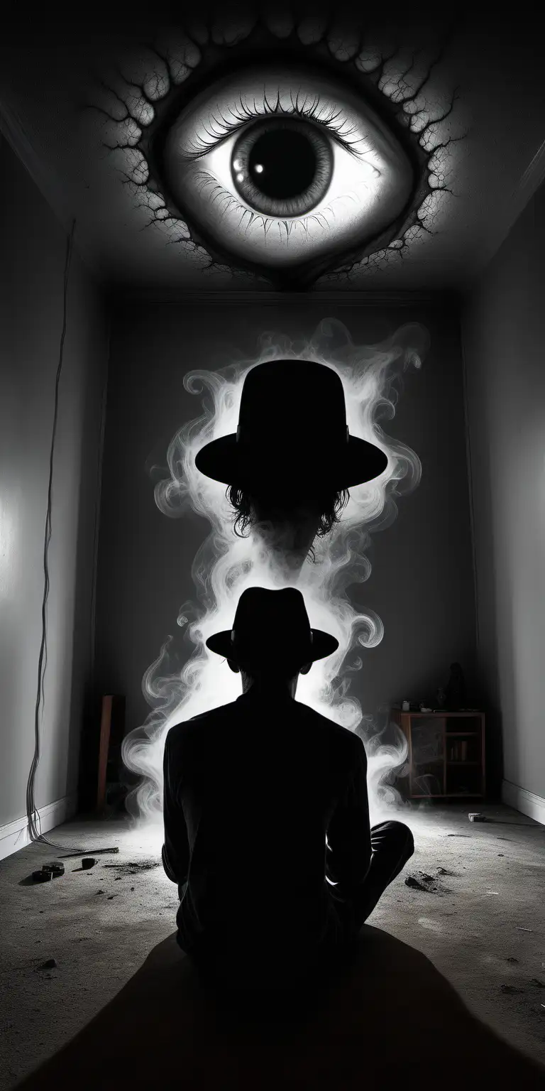 a skinny man with a black hat sitting in a living, smoked room, seeing from behind, hallucinogen, siluette of the person, the walls is melting, hallucinogenic, trance, brain, chemical, highly detailed, stunning visuals, ultra realistic, eyes is starring from the walls, surreal, hallucinations, trippy, super realistic, photo realistic 