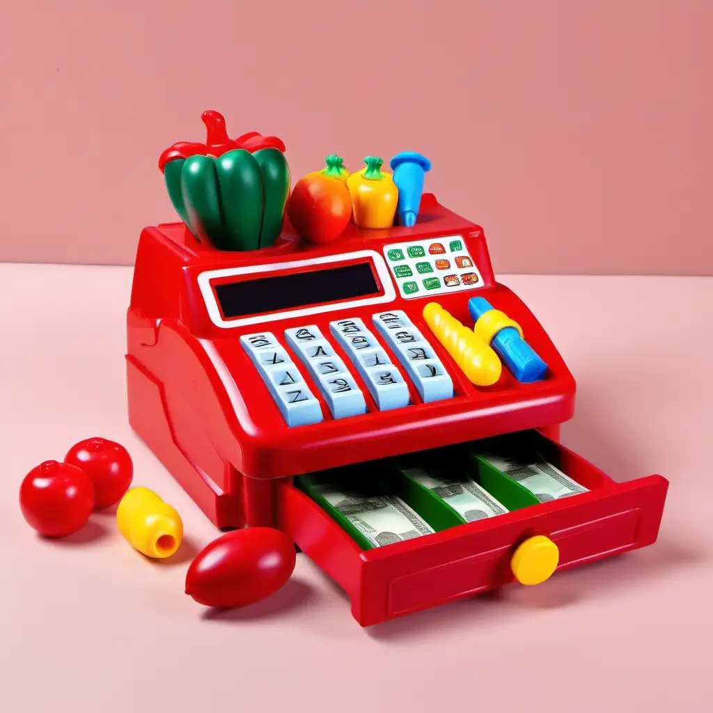 caja registradora de juguete de plástico con colores rojos con verduras de de juguete plástico 