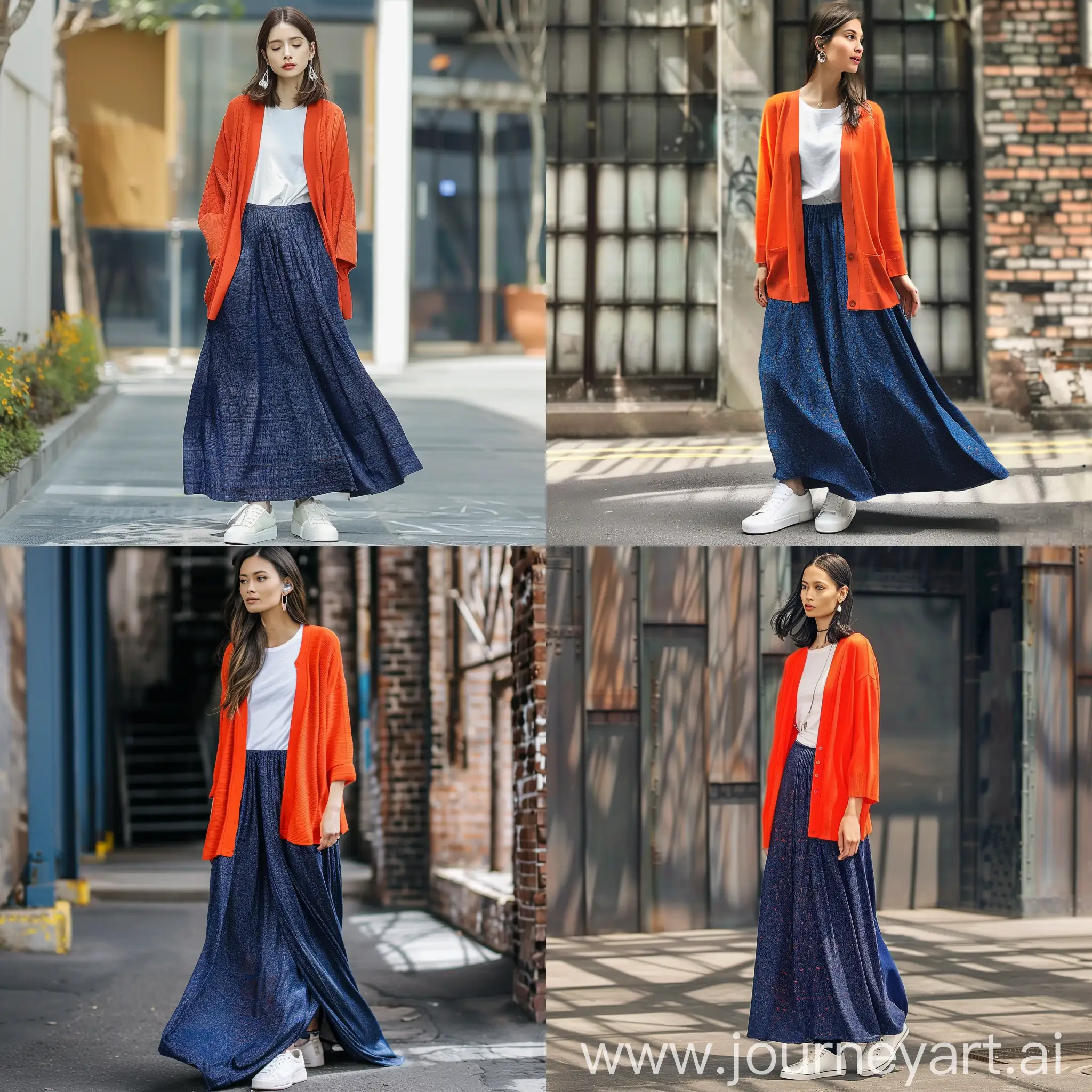 Generate a professional fashion picture showing a woman wearing a lightweight cardigan in a bright orange tone, paired with a comfortable and flowing dark blue long skirt with subtle pattern. Complete the look with white sneakers or in a color that complements the outfit. The woman may wear a basic t-shirt under the cardigan if desired. Accessories are minimalist, such as small earrings or a simple necklace. The scene has an urban backgr