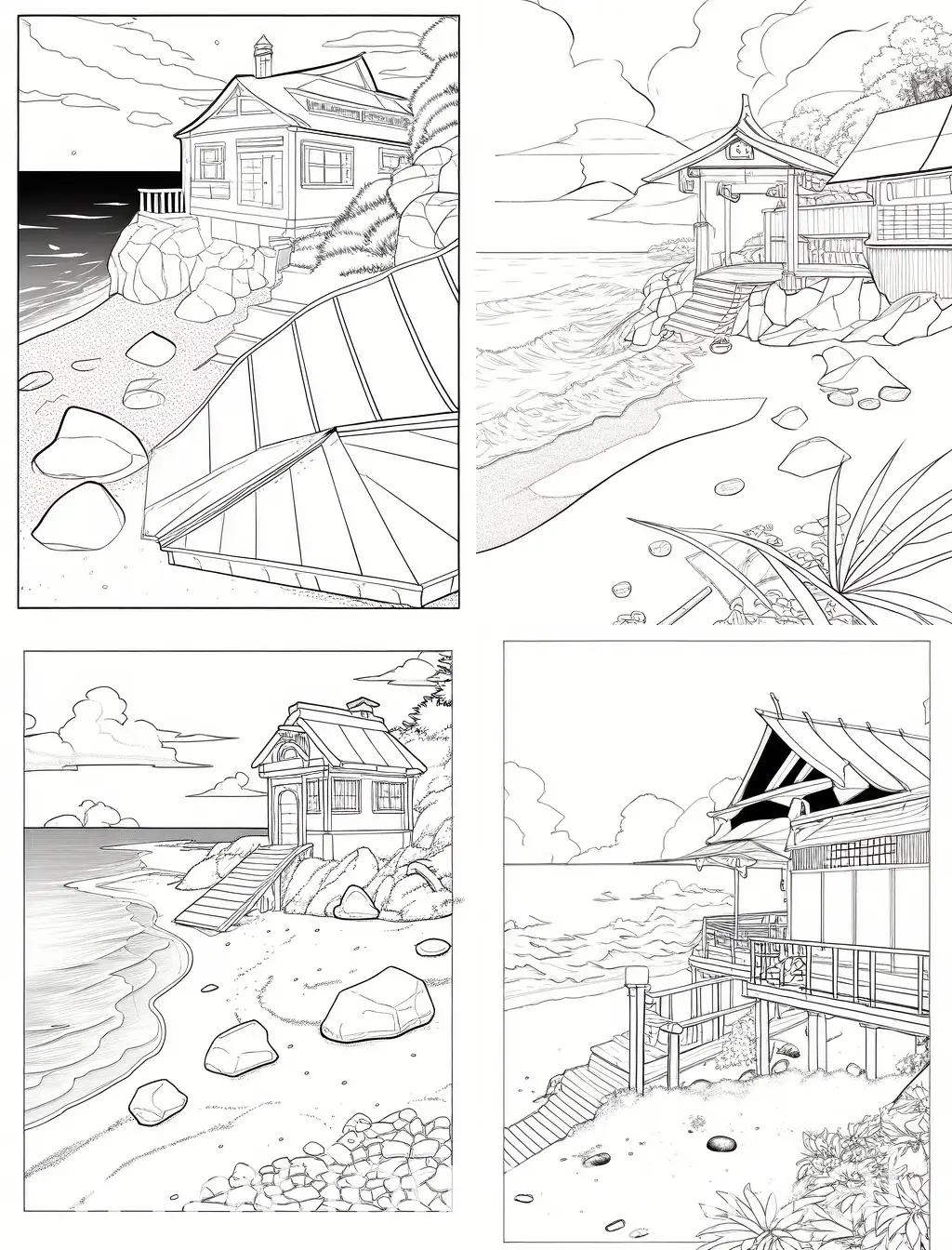 Beach-House-Coloring-Page-Tranquil-Black-and-White-Illustration