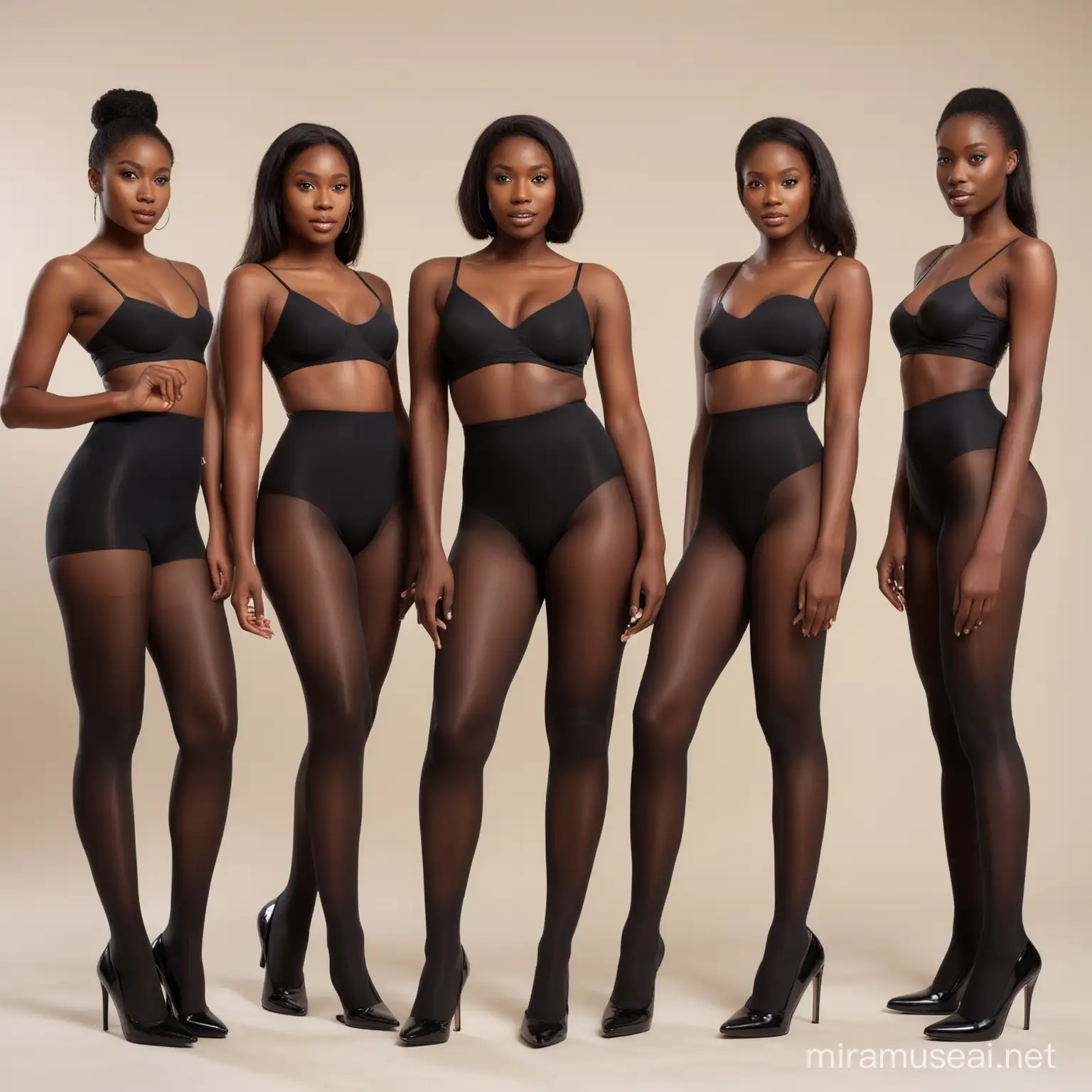 a full body photo of a group of light complexion nigerian models wearing a variety of opaque black pantyhose , they are standing afar
