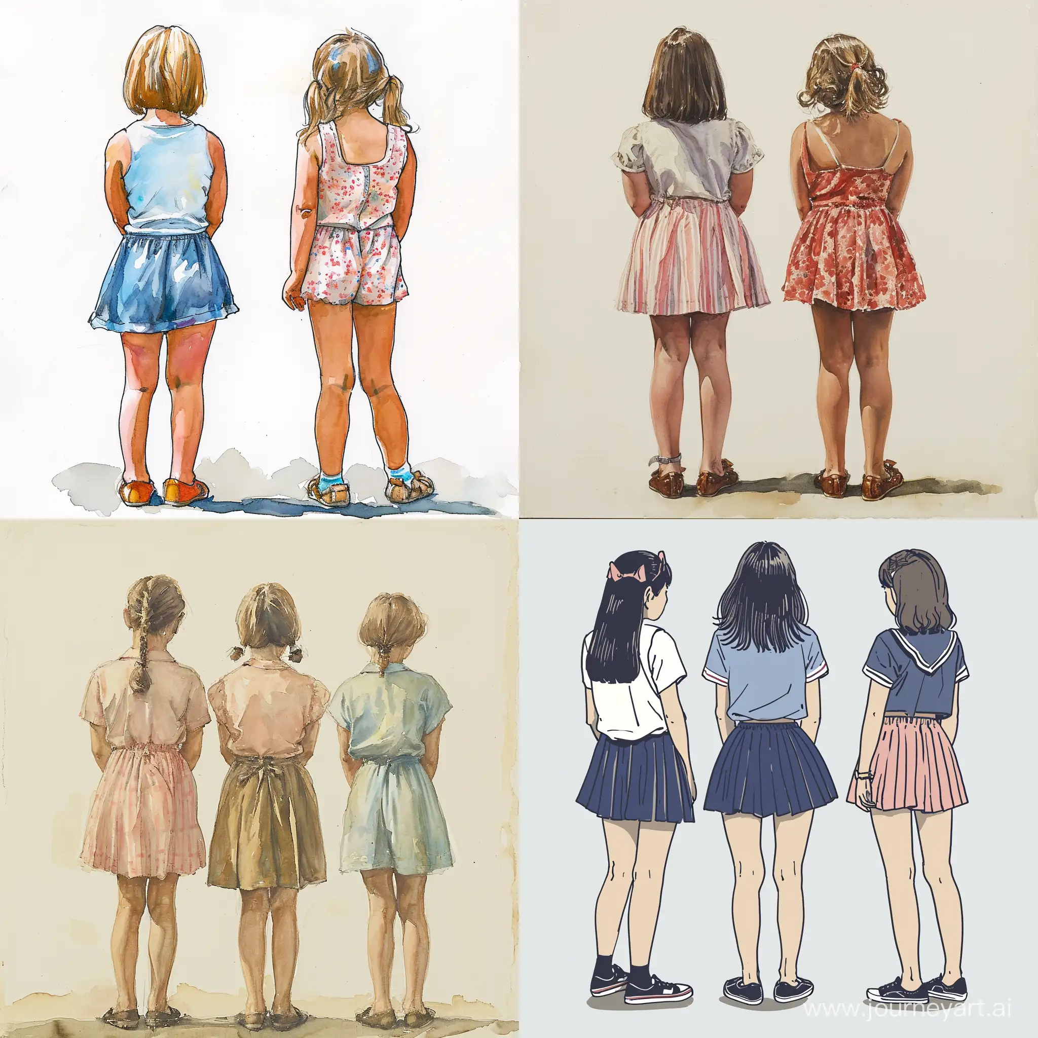 Girls-Standing-Back-View-Illustration-in-Monochrome