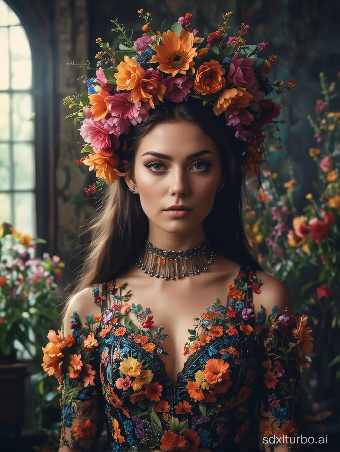 A striking photo of a Flowerpunk woman wearing a captivating headpiece adorned with colorful flowers and plants, creating a natural, organic look. Her eyes are accentuated with a dark eyeliner, and she wears a beautiful, intricately designed dress. The background reveals a dimly lit room with a soft, ethereal atmosphere, enhancing the mysterious and alluring aura of the Flowerpunk woman., photo