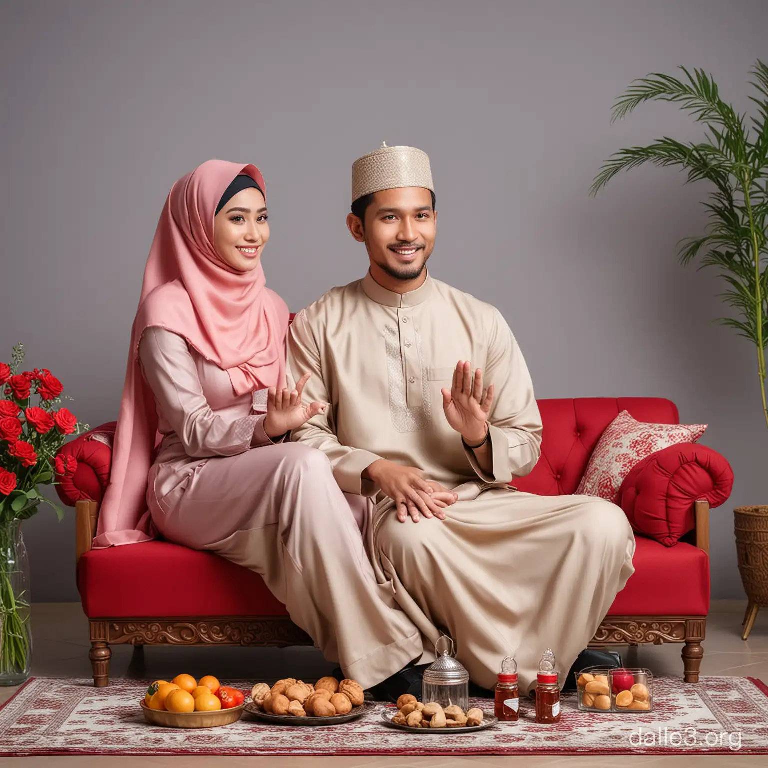 Create studio photo of indonesian couple, handsome man 35-year-old wearing moslem uniform & beautiful girl 30-year-old wearing modern hijab jilbab, posing hand namaste with smile, sitting on an elegant luxurious soft red sofa. on the glass table that contained many a clear jar containing small round baked & food, drinks, a fruit basket. on the wall with the words "SELAMAT HARI RAYA" "IDUL FITRI" "Mohon maaf lahir & batin" fonts light gold.