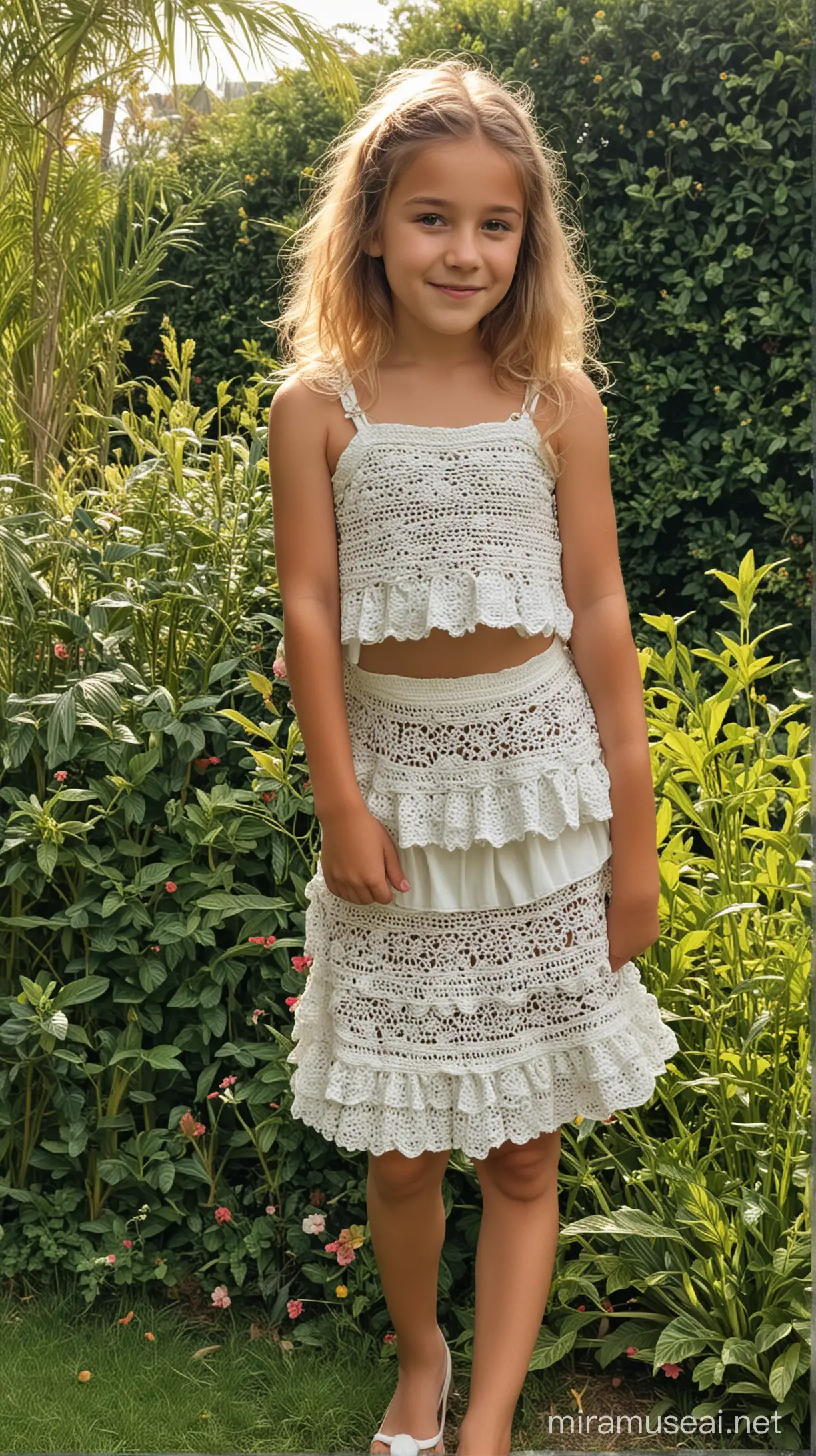 11 years old girl, wearing Crochet Crop Top with Tiered Mini Skirt, in garden