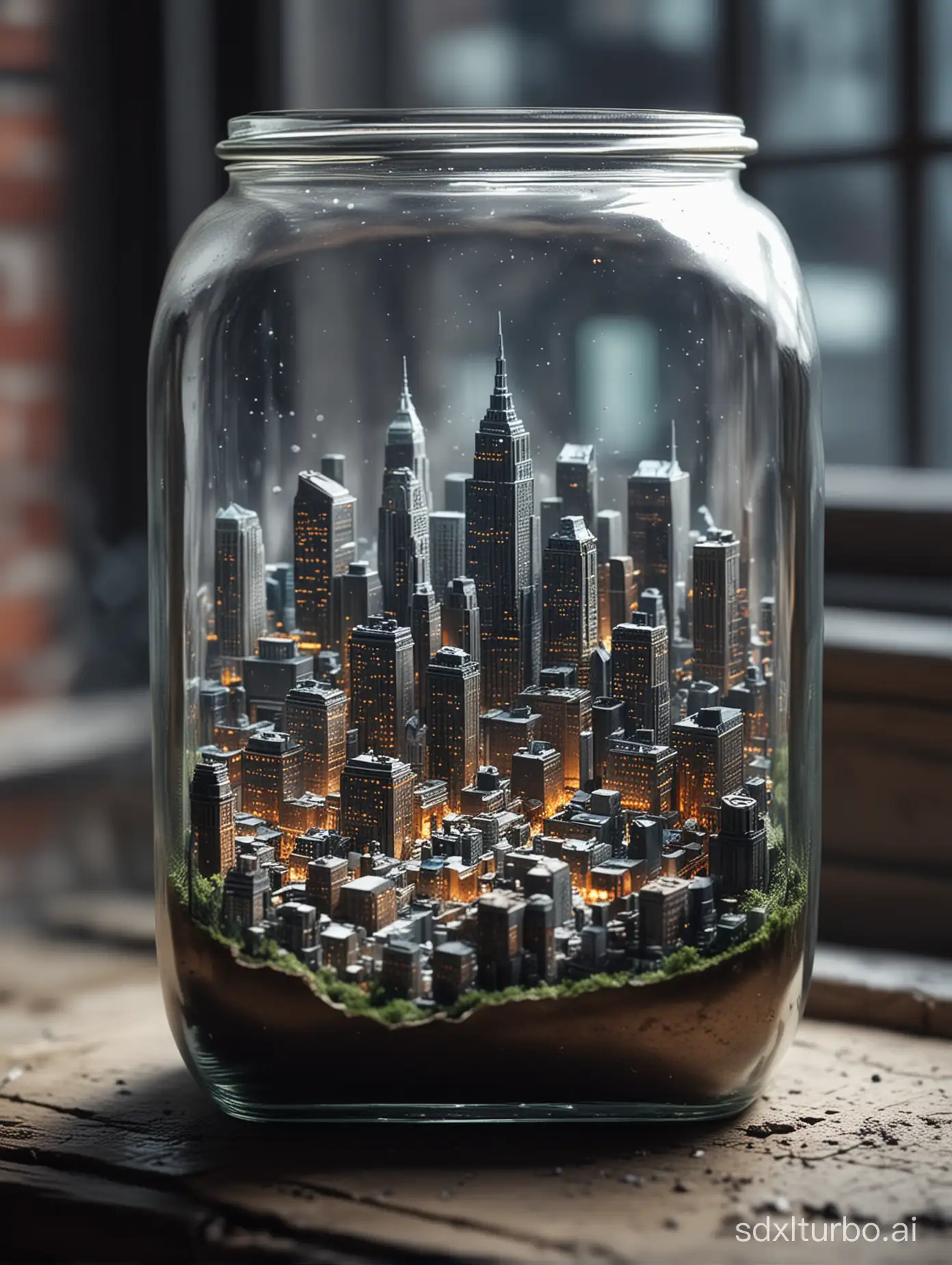city inside a square glass jar with lid, placing on the windowsill, extremely detailed, 8K, apocalyptic punk style, miniatures, macro photography in close-up