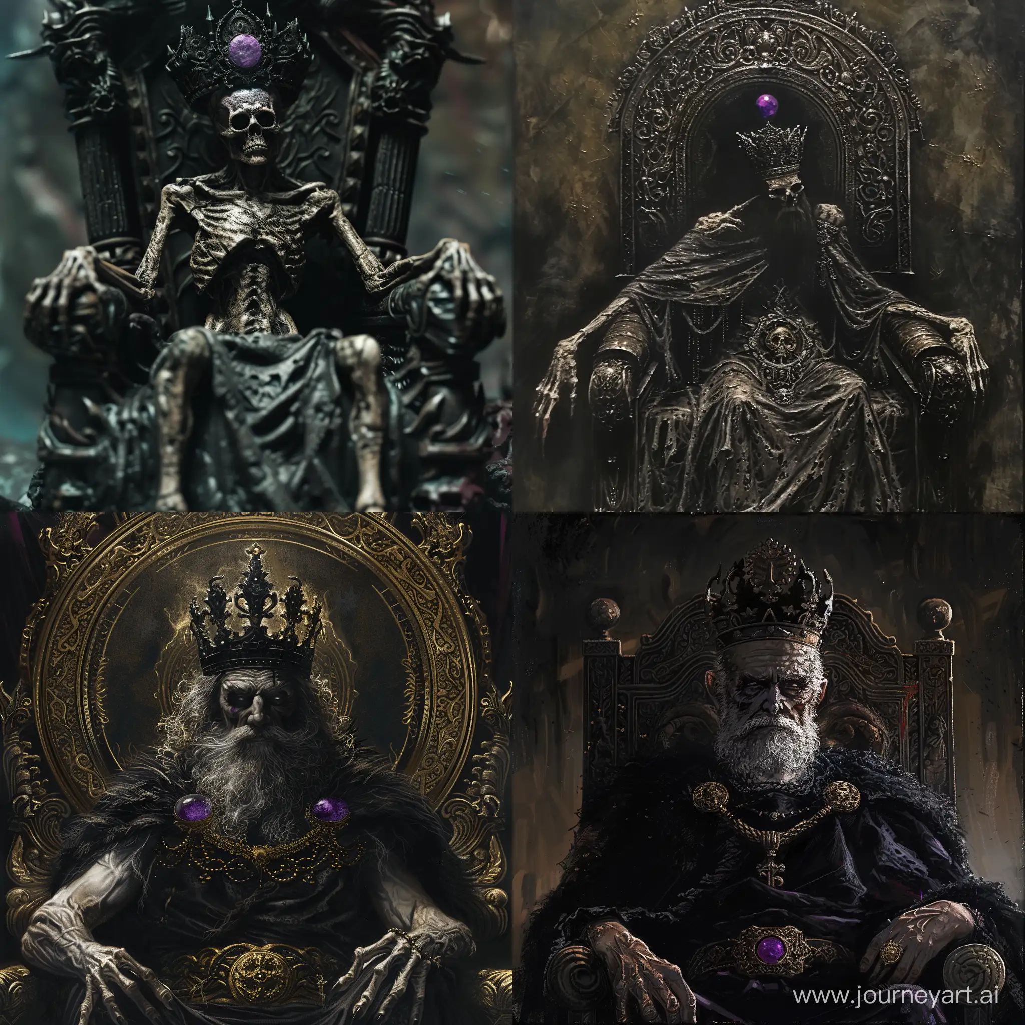 мрачный мертвый бог темной бездны на троне с пурпурным камнем в черной короне
