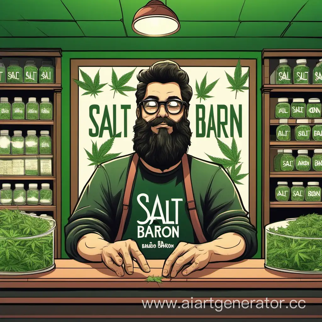 Магазин под названием солевой барон посередине сидит мужчина в очках с бородой по бокам находяться листы марихуаны  над мужчиной надпись солевой барон
