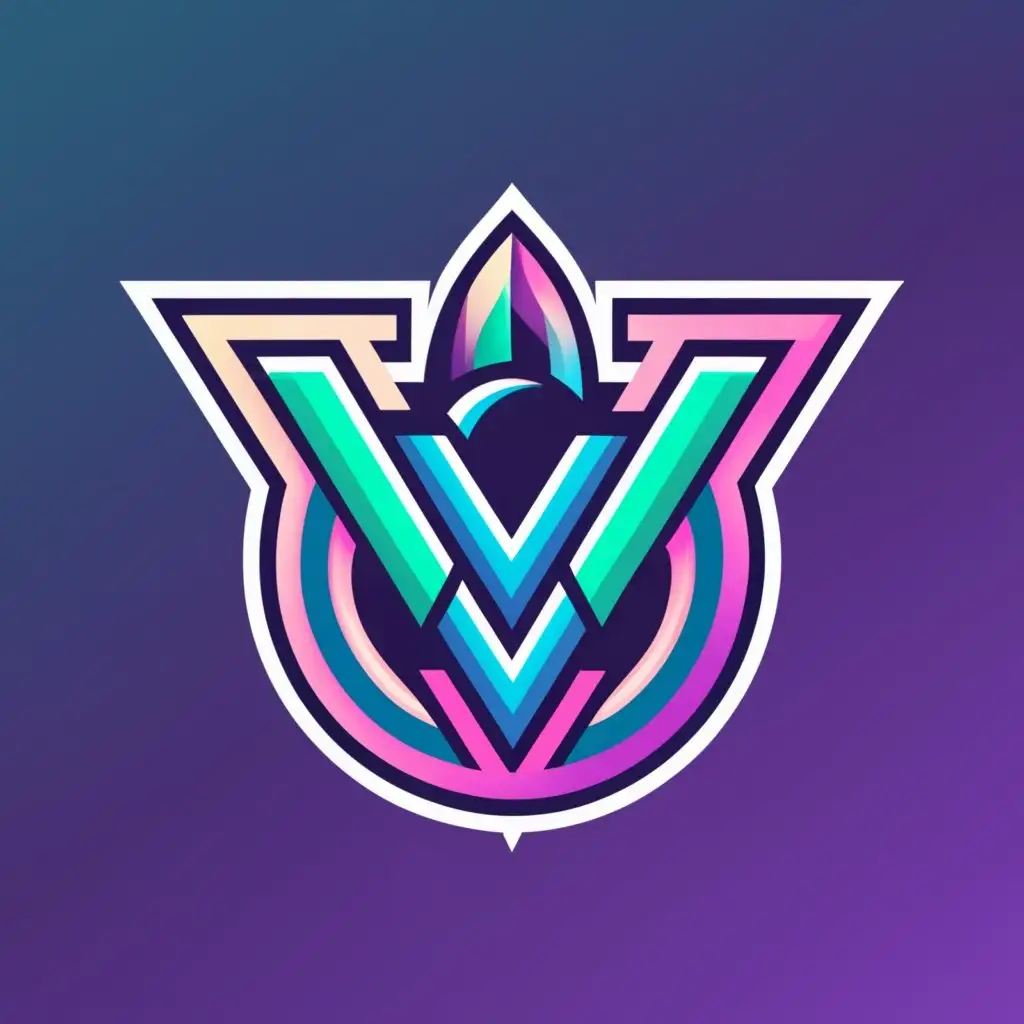 Create an esport logo for a team named Vortex5. Design the logo as a V5 and place the full team name below it. Use a turquoise and purple color scheme. Write "VORTEX5" beneath the actual logo in a clear, minimalistic font. Add the spelled-out version of "VORTEX5" above the logo's icon.