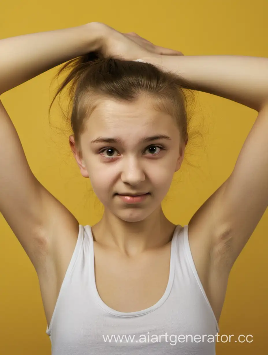 girl,
Russian,
15 years old, 
hairy armpits,
white tank-top, 
Hands behind your head
full face, 
yellow background, 
close up,
standing