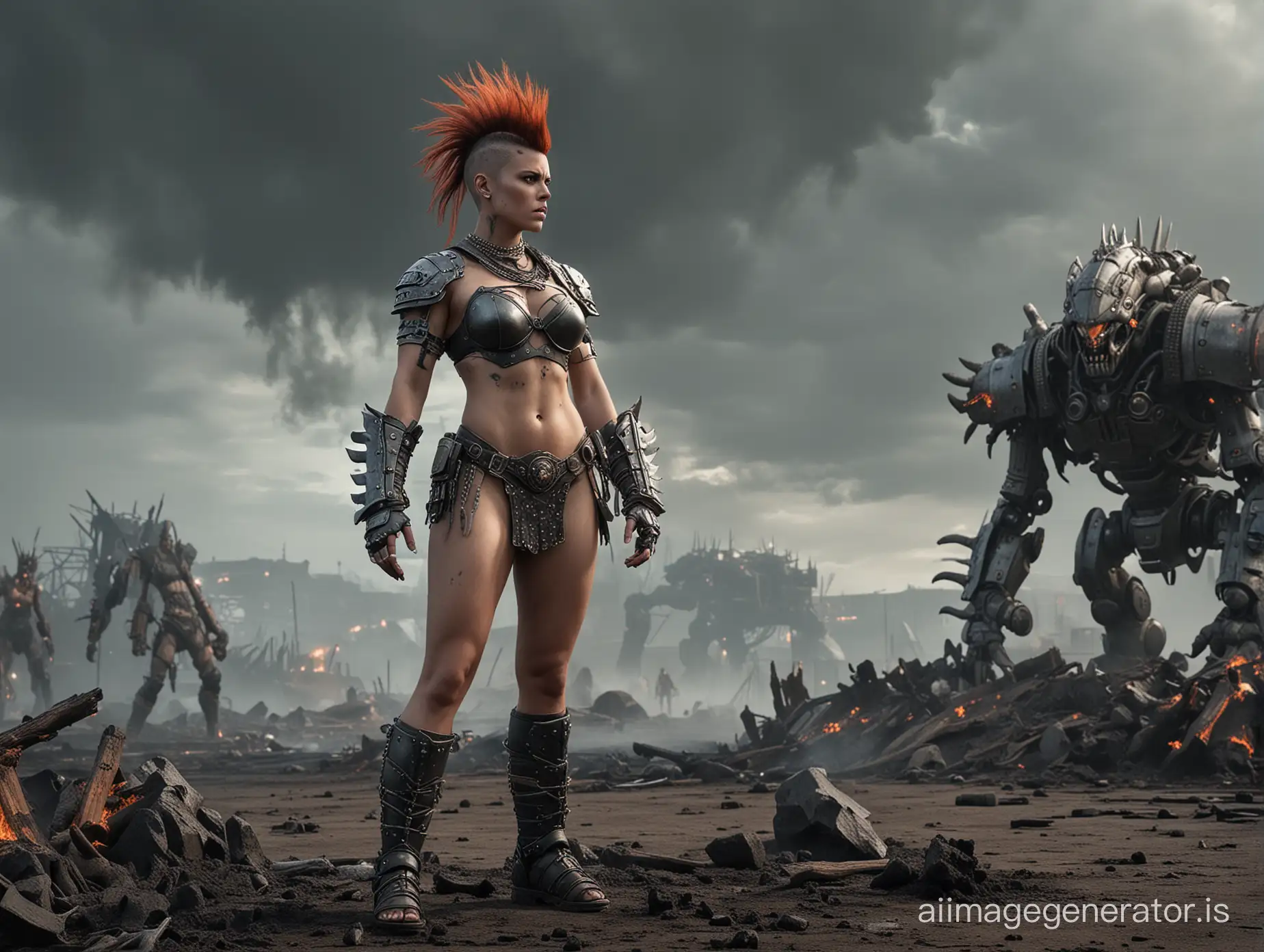 Photograph of a barbarian girl with mohawk standing on a dark and gloomy battlefield. Scantily clad in skimpy armor. Slayed foes around the battle field. Huge robotic animalistic monstrosity in the background. Lots of smoke and fire. Foggy, overcast, some rays through the clouds.

Realistic photograph. Natural lighting. Ultra realistic. Realism. 80mm lens.