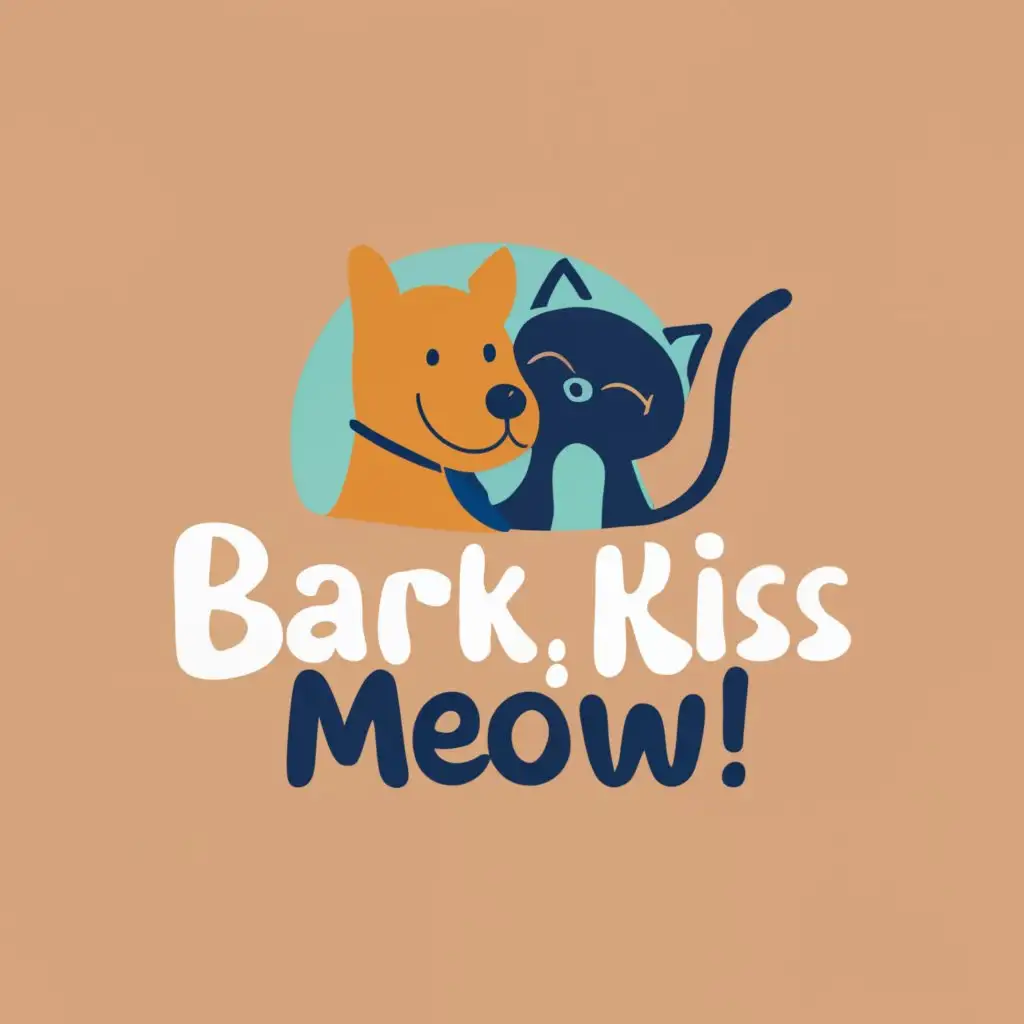 logo, playful anime style design featuring a stylized dog and cat silhouette side by side. The use of warm, inviting colors like soft browns and gentle blues can enhance the friendly and approachable feel., with the text "Bark Kiss Meow", typography, be used in Animals Pets industry