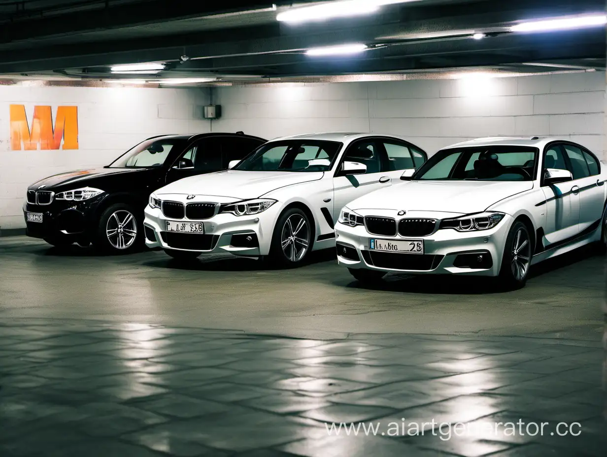 Two identical BMW cars of the third series, manufactured in 2016, are parked in an underground parking lot with license plates 'мах'.
