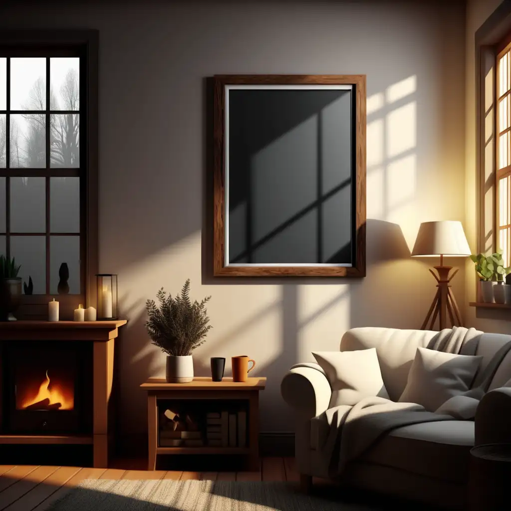 wooden poster white blank frame mockup, reflection, shadow overlay, cozy living room, farmhouse stlyle, warm room, 4K, exclude random objects, dark cinematic envirment