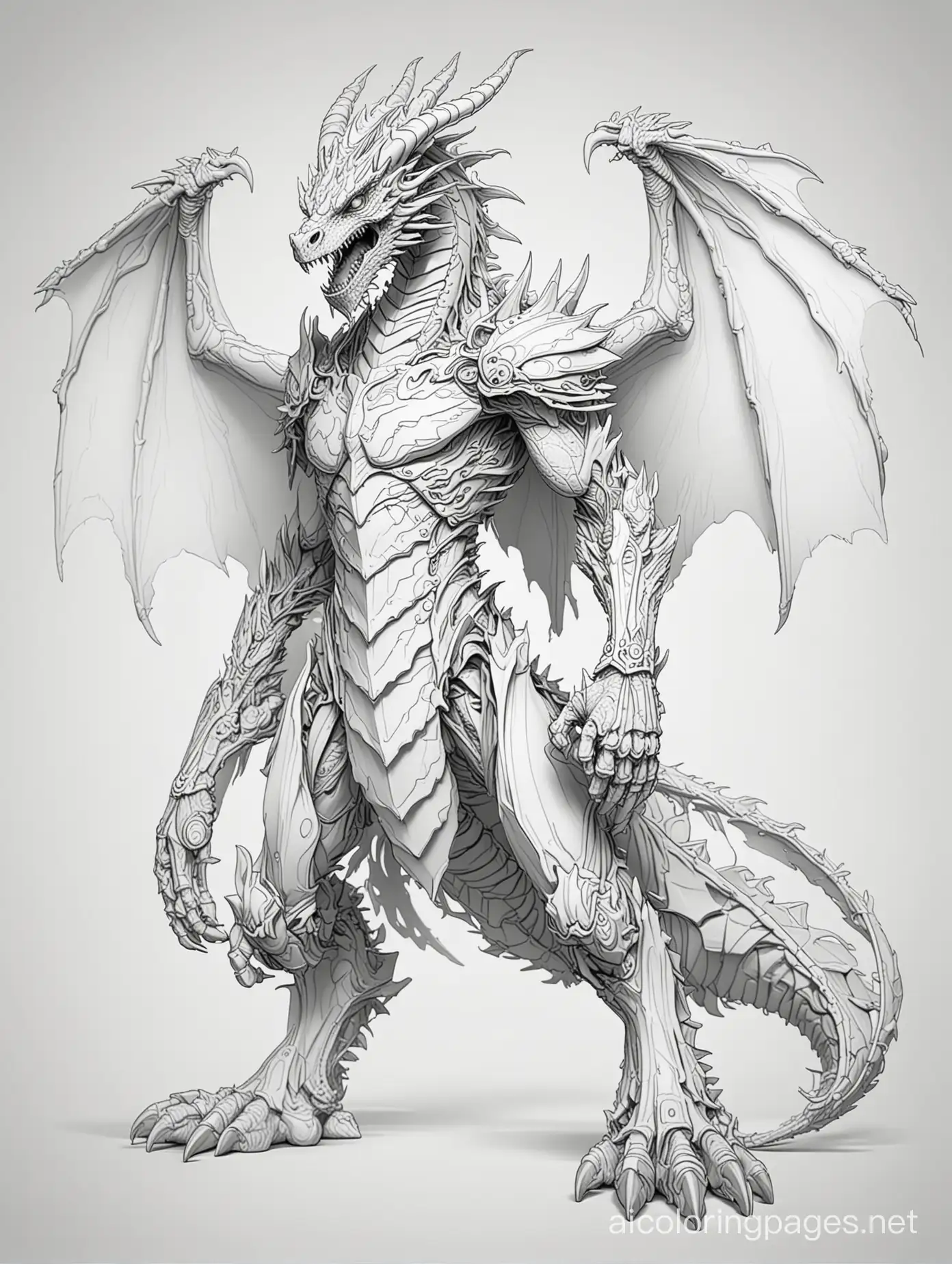 Bone titan dragon , Coloring Page, black and white, line art, white background, Simplicity, Ample White Space. The background of the coloring page is plain white to make it easy for young children to color within the lines. The outlines of all the subjects are easy to distinguish, making it simple for kids to color without too much difficulty