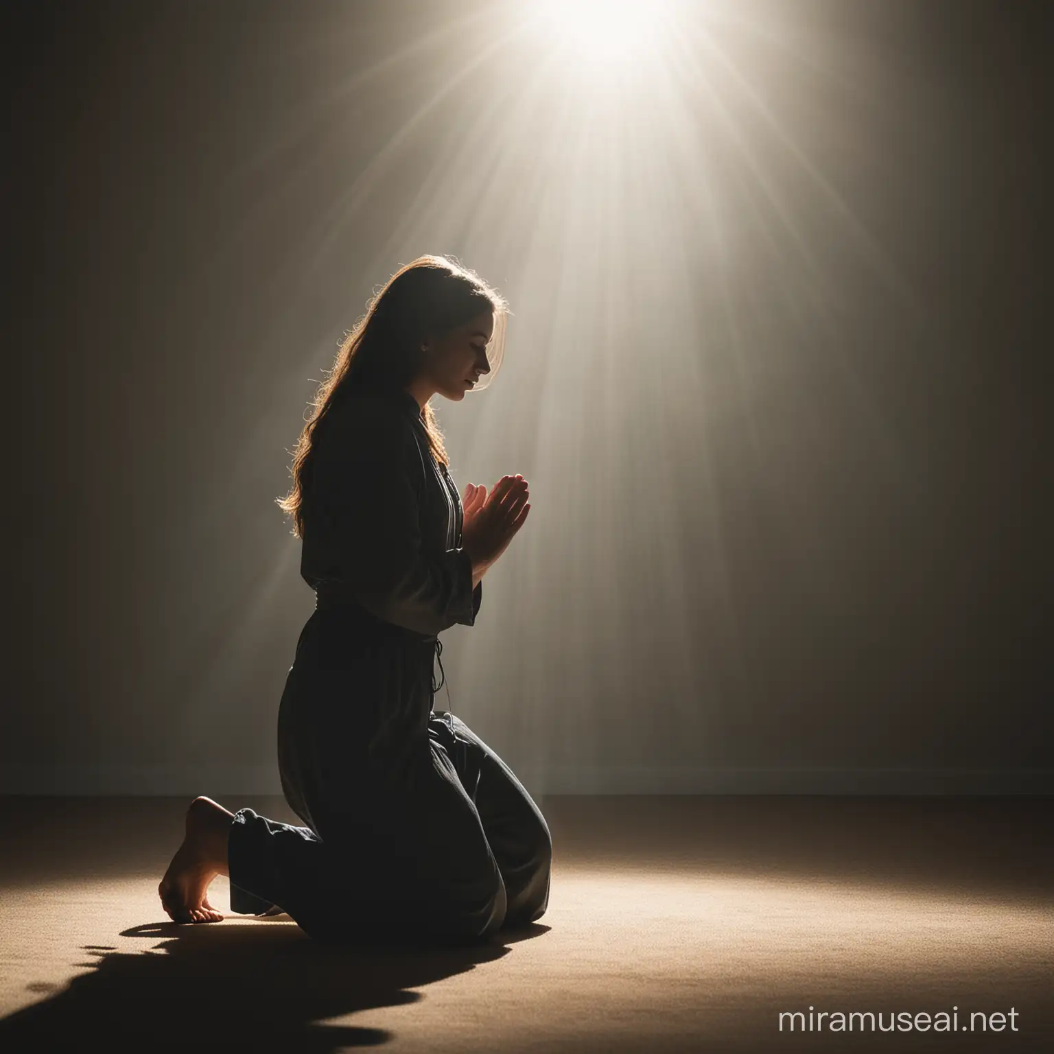 A person kneeling in prayer, with one hand lifted up. A sharp light shines on person from above