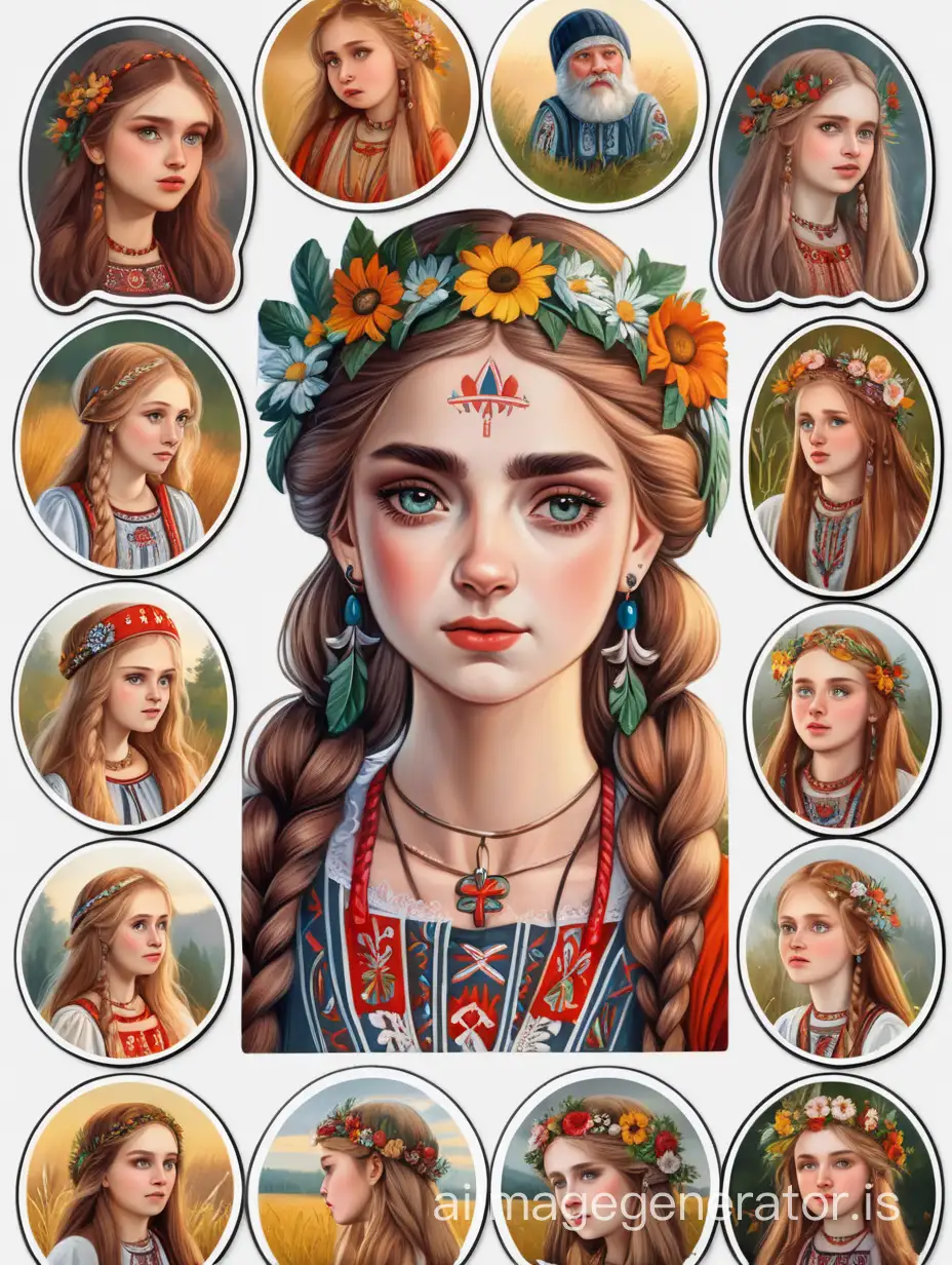 8k, sticker set, Slavic folk beauty, different emotions,