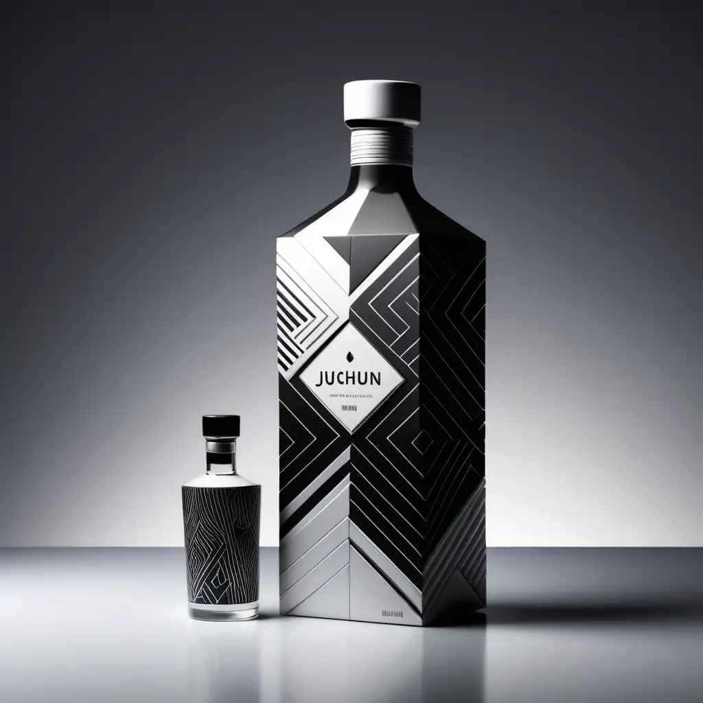 Modern liquor packaging design, high end liquor, photograph images, high details, ceramic bottle, silver and black geometric minimalism texture, brand name is 玖莼