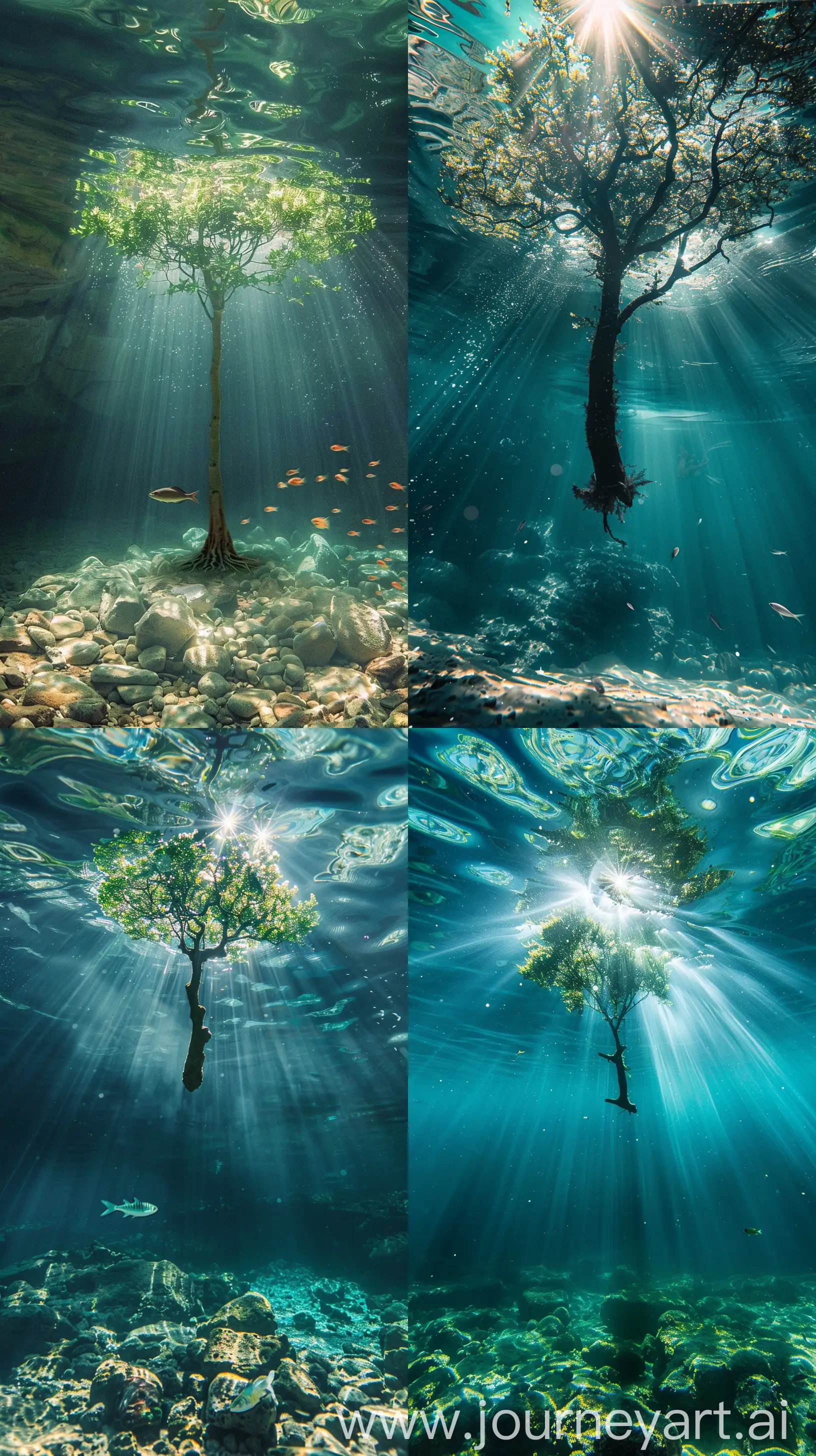 an underwater view of a pool in the middle of which the sun's rays break through, a tree grows under the water and a fish swims --ar 9:16