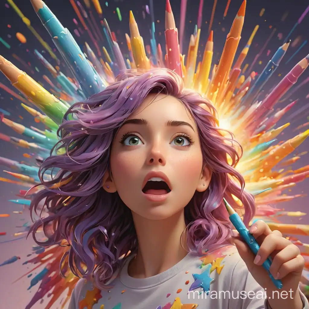 A captivating 3D illustration features a gifted artist passionately drawing the name "Sunsshyne Creationz" with a mesmerizing, transparent, and multi-colored pen that flows through the entire pastel rainbow color spectrum. The text creates an awe-inspiring explosion of creativity, symbolizing the artist's mastery. The artist's hand is expertly depicted, highlighting their skills and experience. The background features a 3D sketchbook adorned with pastel rainbow-colored star stickers, adding depth and dimension to the scene. This vibrant and striking 4K digital painting, truly encapsulates the essence of artistic expression and imaginative design.