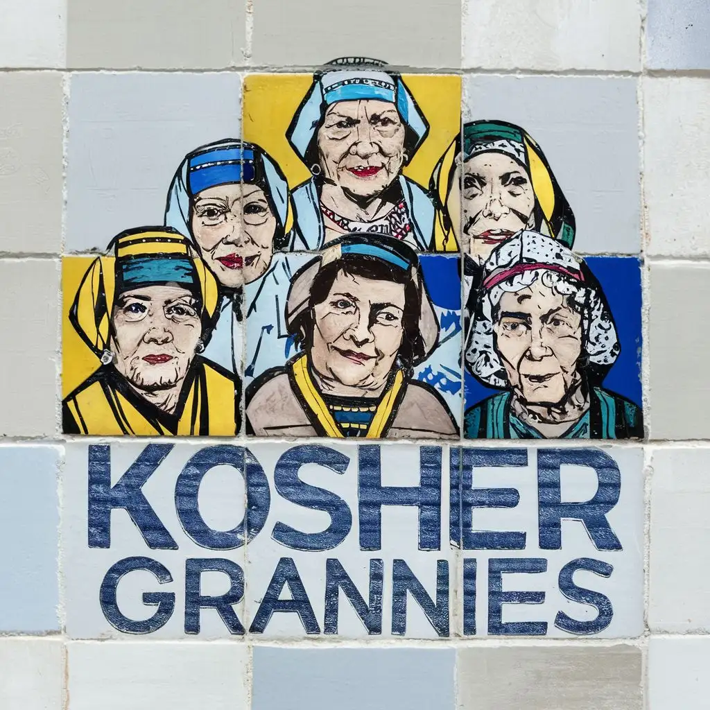 logo, Israel, yellow, blue, white, Jewish orthodox grannies with headcovers, in discrete Israeli white tiles, Paul Klee, with the text "Kosher Grannies", typography, be used in art industry
