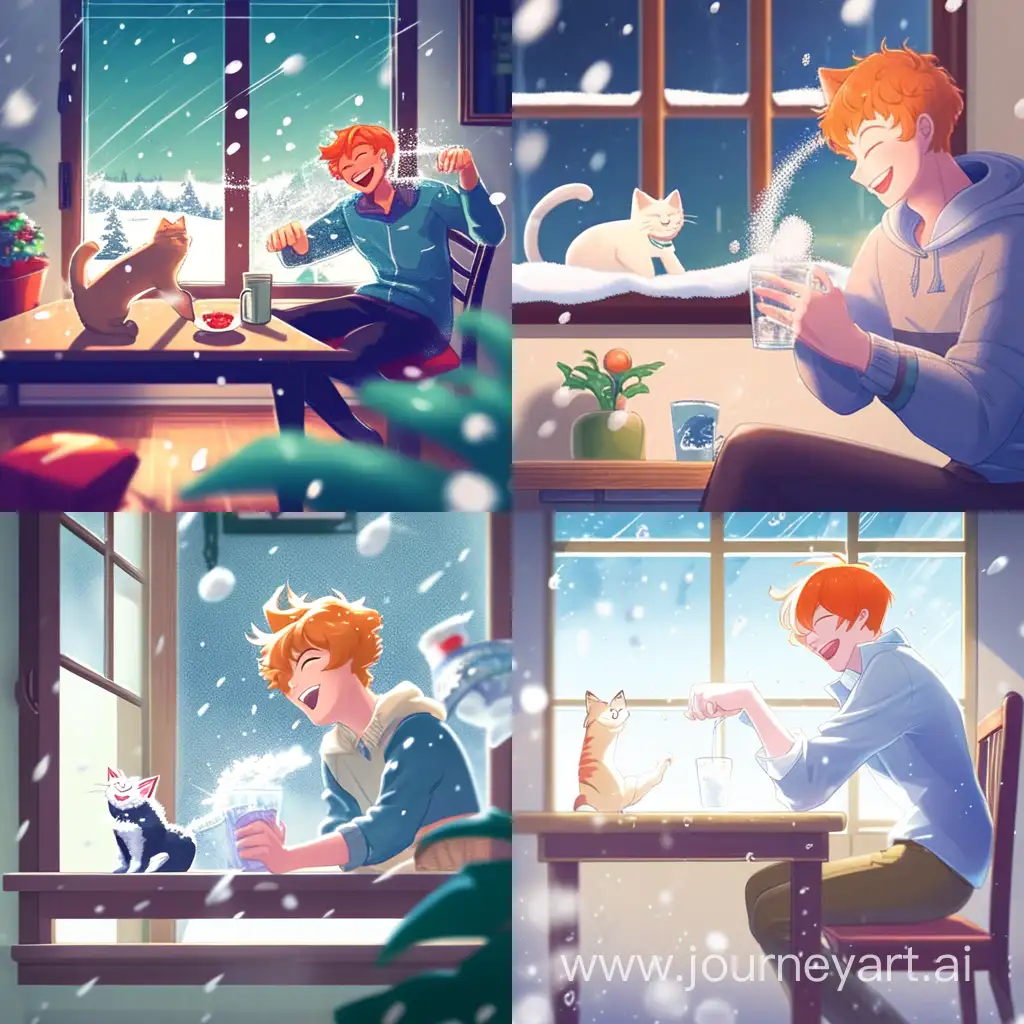 Молодой человек играет на планшете, смеётся, на столе у него рыжий кот, бутылочка воды, за окном падают крупные снежинки снега, картинка излучает радость