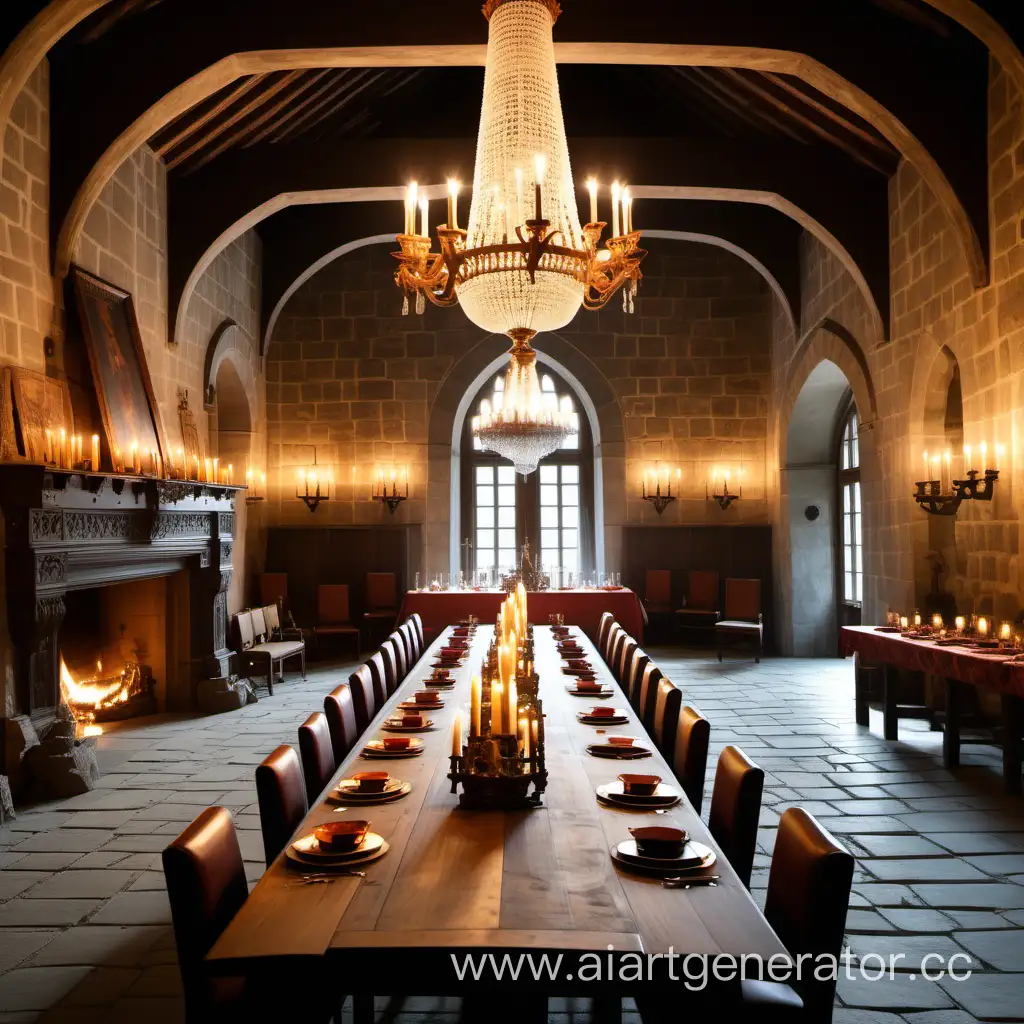 Inside a medieval castle large open hall, long wooden banquet table, bright huge chandelier, massive roaring fireplace