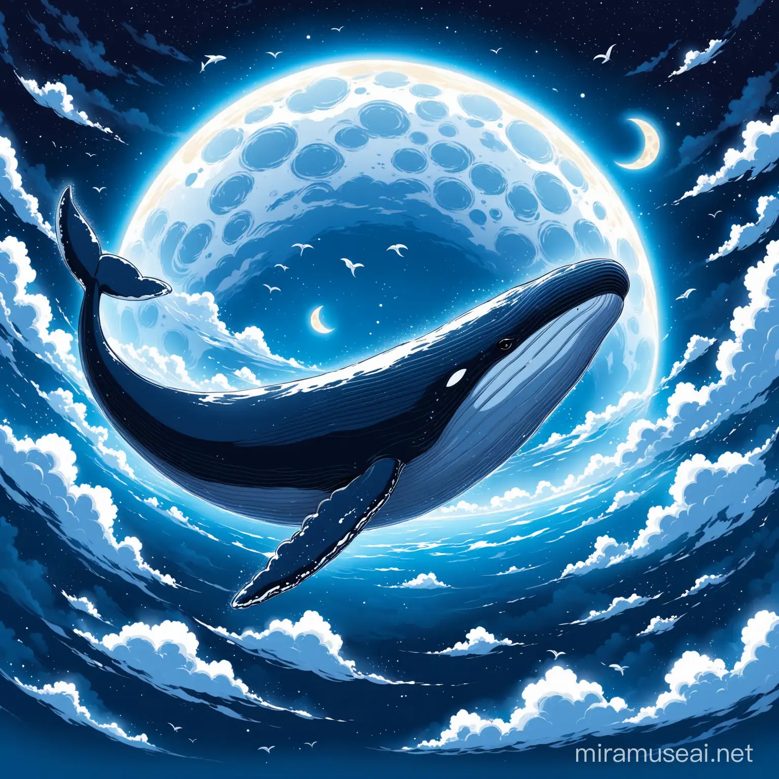 Whale on the Moon Surrounded by Clouds