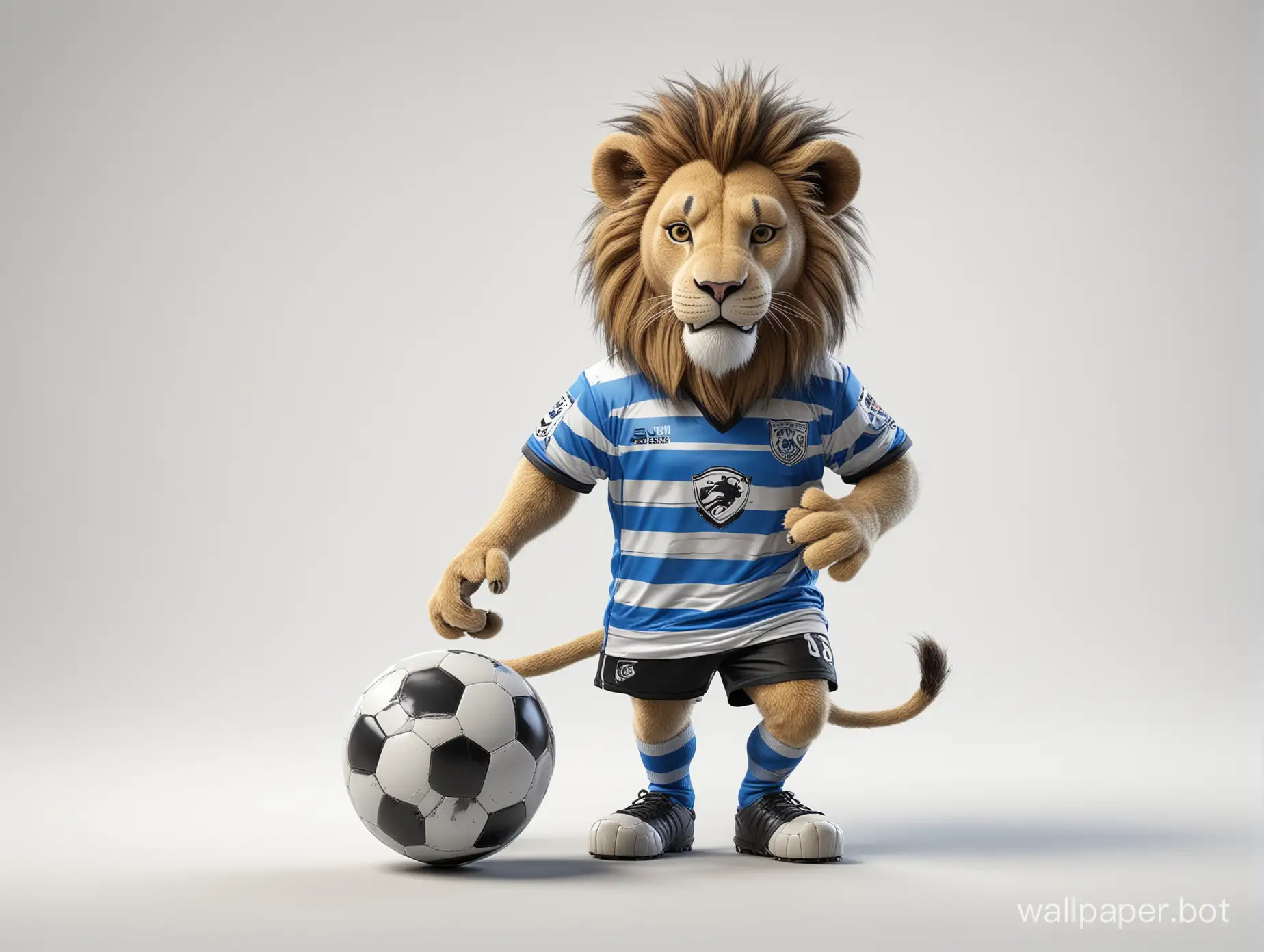 soccer lion team mascot in blue and white with black stripes with a ball high implementation white background