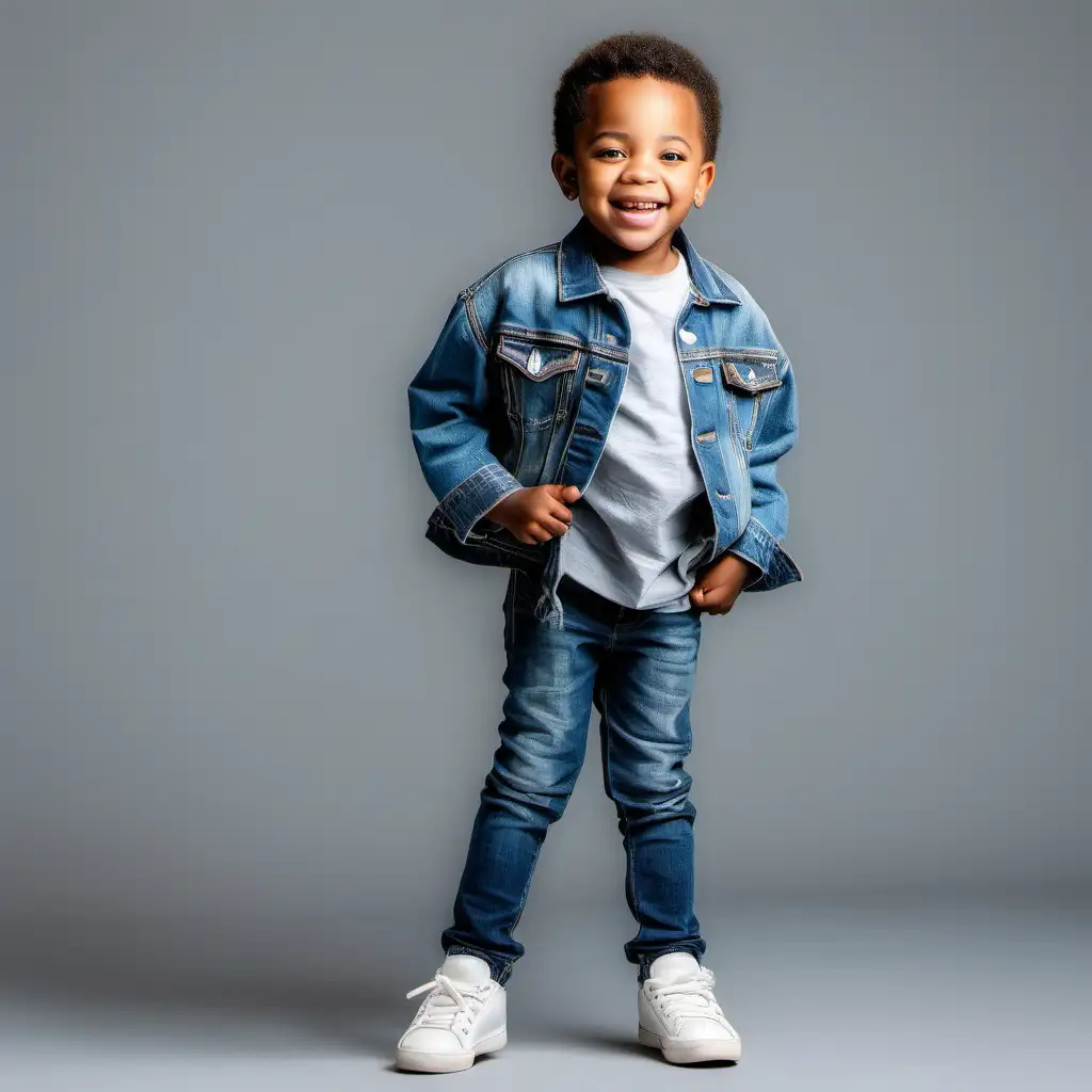 african american little boy with a short hair cut, jeans, tshirt, jean jacket, smiling, with sneakers,