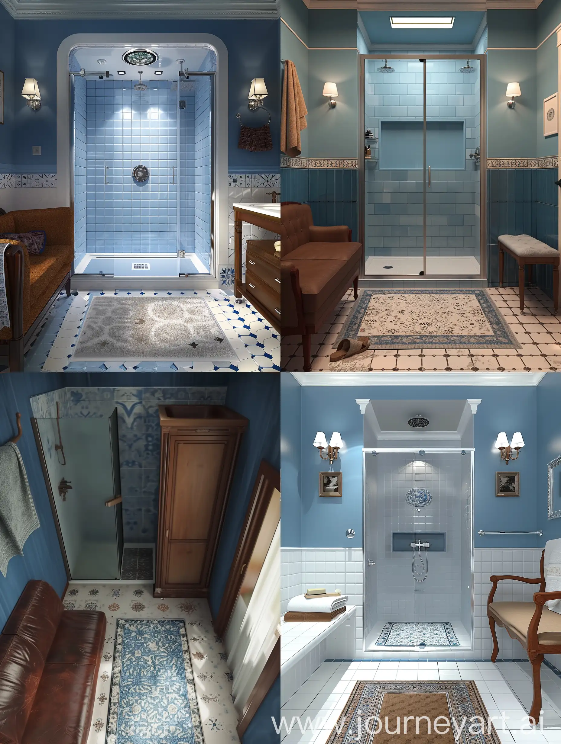 Render 4k di un Bagno pareti blu mobili marroni tappeto bianco. Foto da dentro il box doccia. Pavimento mattonelle bianche e blu vintage.