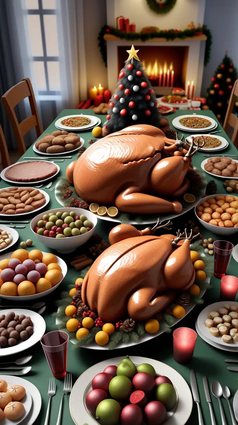 Festive Christmas Feast with Family and Hyperrealistic Decor