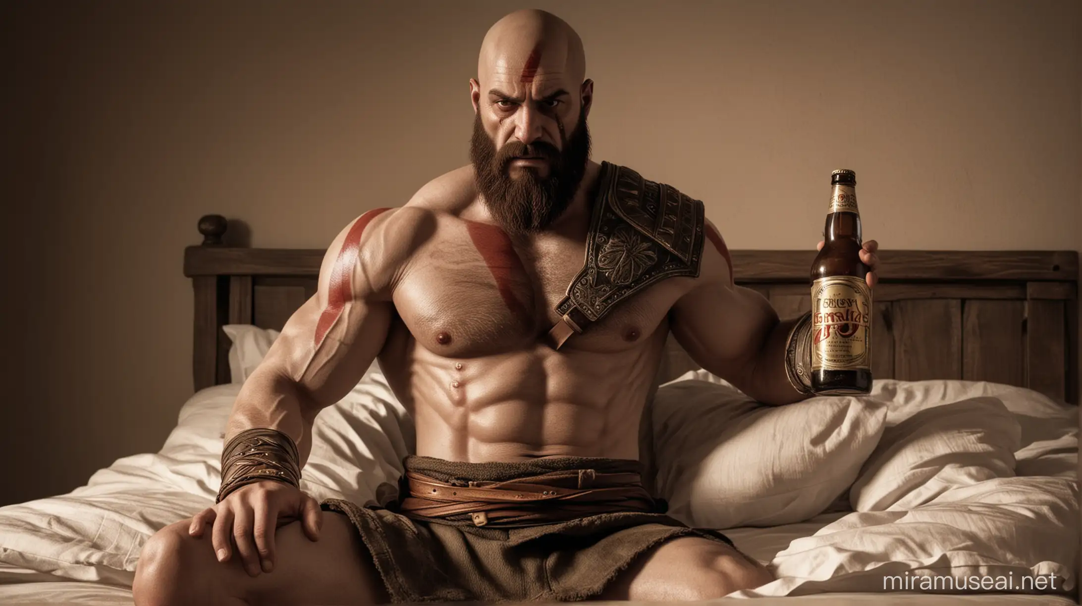 Kratos, lean body, a beer bottle in his hands, feeling depressed Infront of his sleeping bed, image hd 
