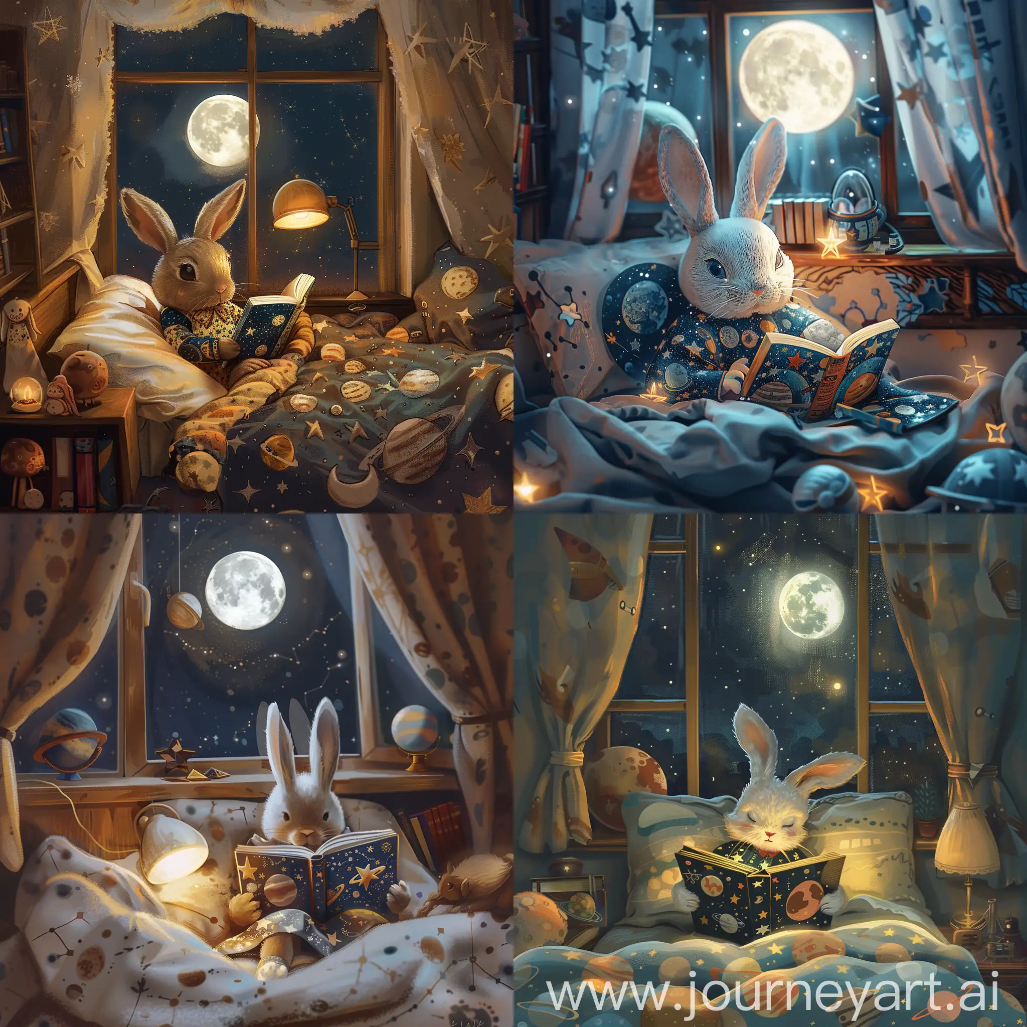 Cozy-Nighttime-Reading-with-Bunny-in-Spacethemed-Room