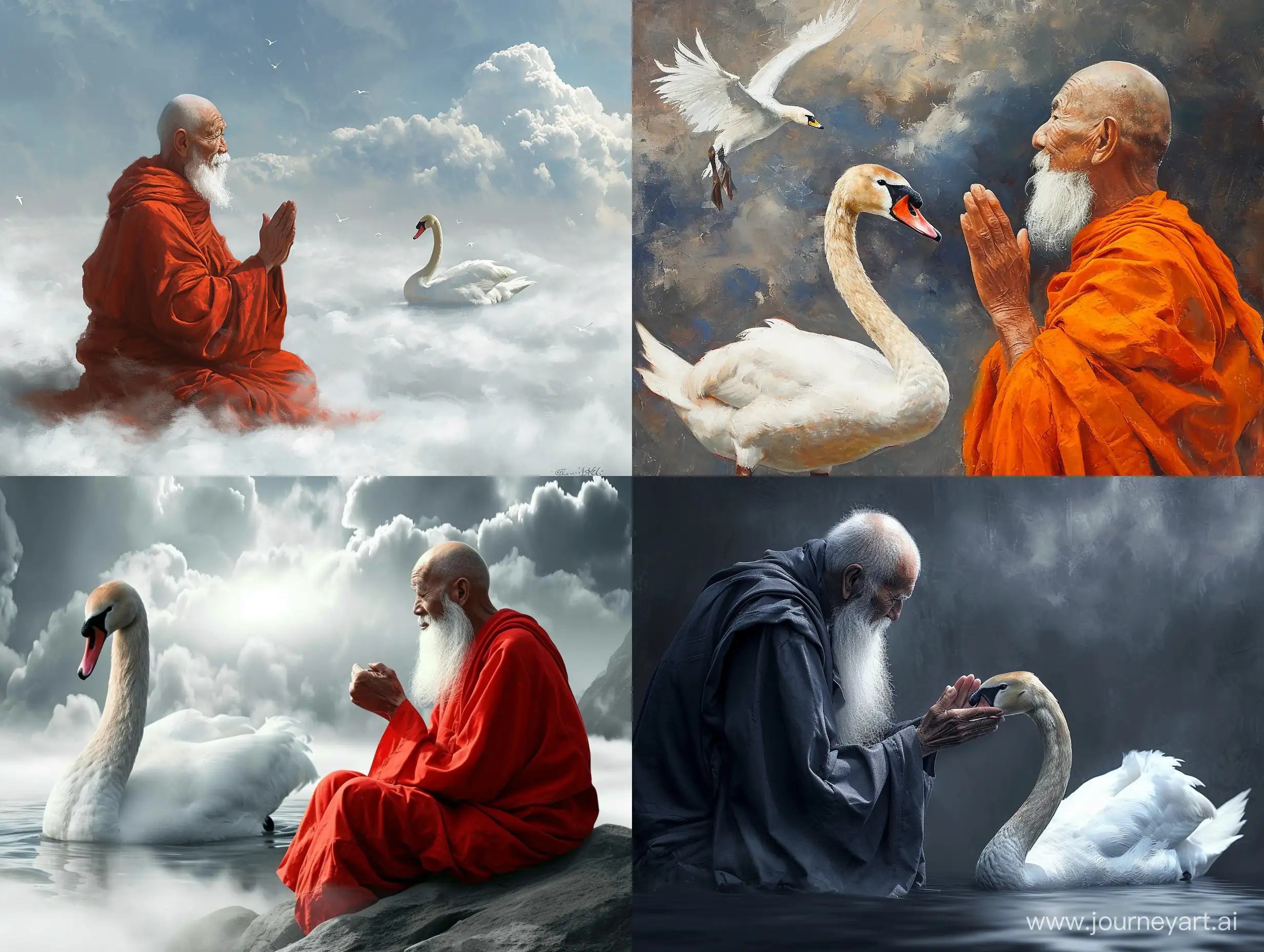 Old-Monk-Offering-a-Prayer-to-the-Sky-with-a-Swan