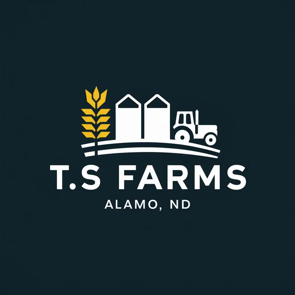 logo, something with wheat and and a tractor or bins and maybe a hill or something similar, with the text "TS Farms Alamo, ND", typography