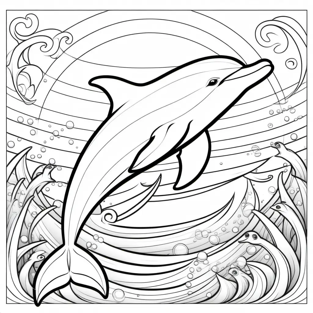 Imagine a coloring page for kids featuring a  Dolphin cartoon style, thick lines, and low details  --ar 9:11