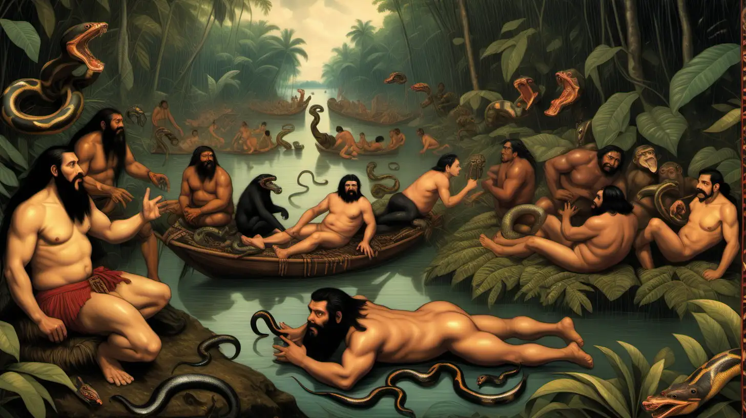 SerpentineBearded Spaniard Resting by Amazon River Amidst Shaman and Hybrid Creatures