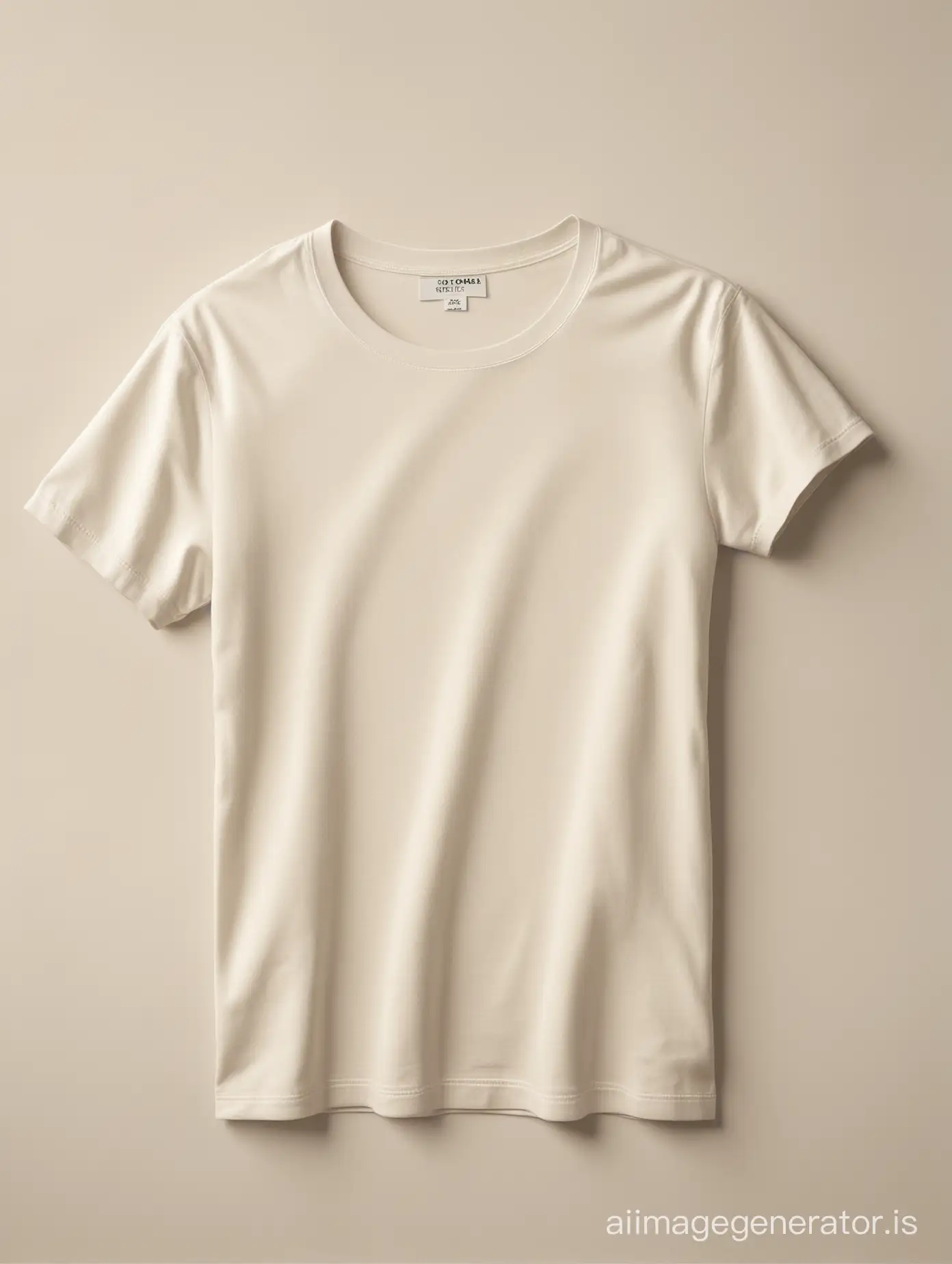 Super-realistic high resolution studio photo of a highly detailed cotton t shirt  in a rich, ivory color with a white label. Natural daylight streams in from the side, casting soft shadows that highlight the cotton texture of the cotton. Background is a seamless white paper with a subtle texture, creating a clean, luxurious feel. Overall aesthetic is high-end, minimalist, and inviting, reminiscent of a Zara brand catalog.