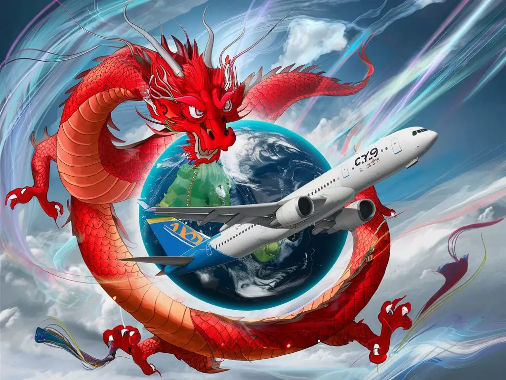 生成图片，红色的中国龙缠绕着未来的地球，一架C919飞机从地球飞出，龙眼睛注视着飞机。