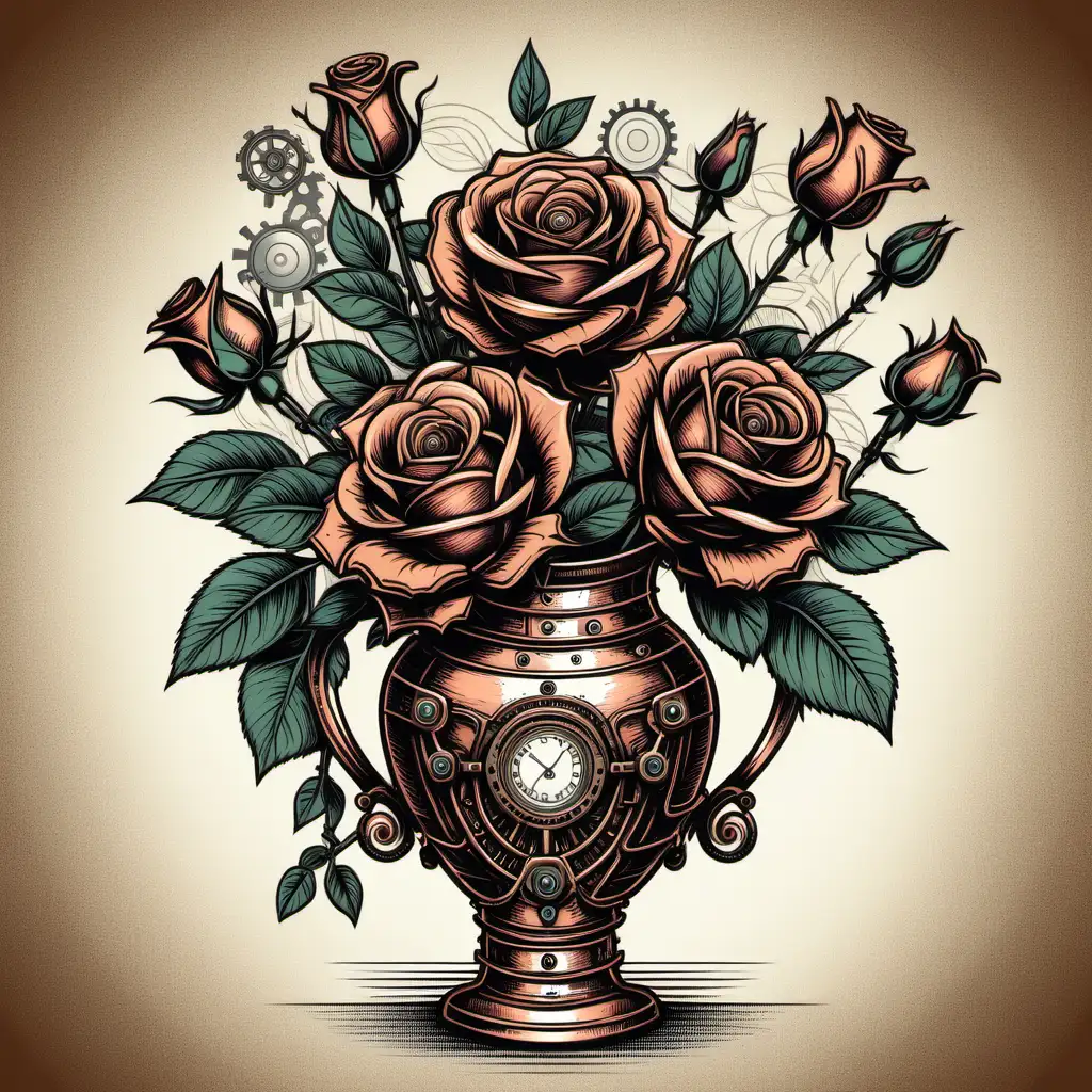 color line drawing of roses in a vase in steampunk style
