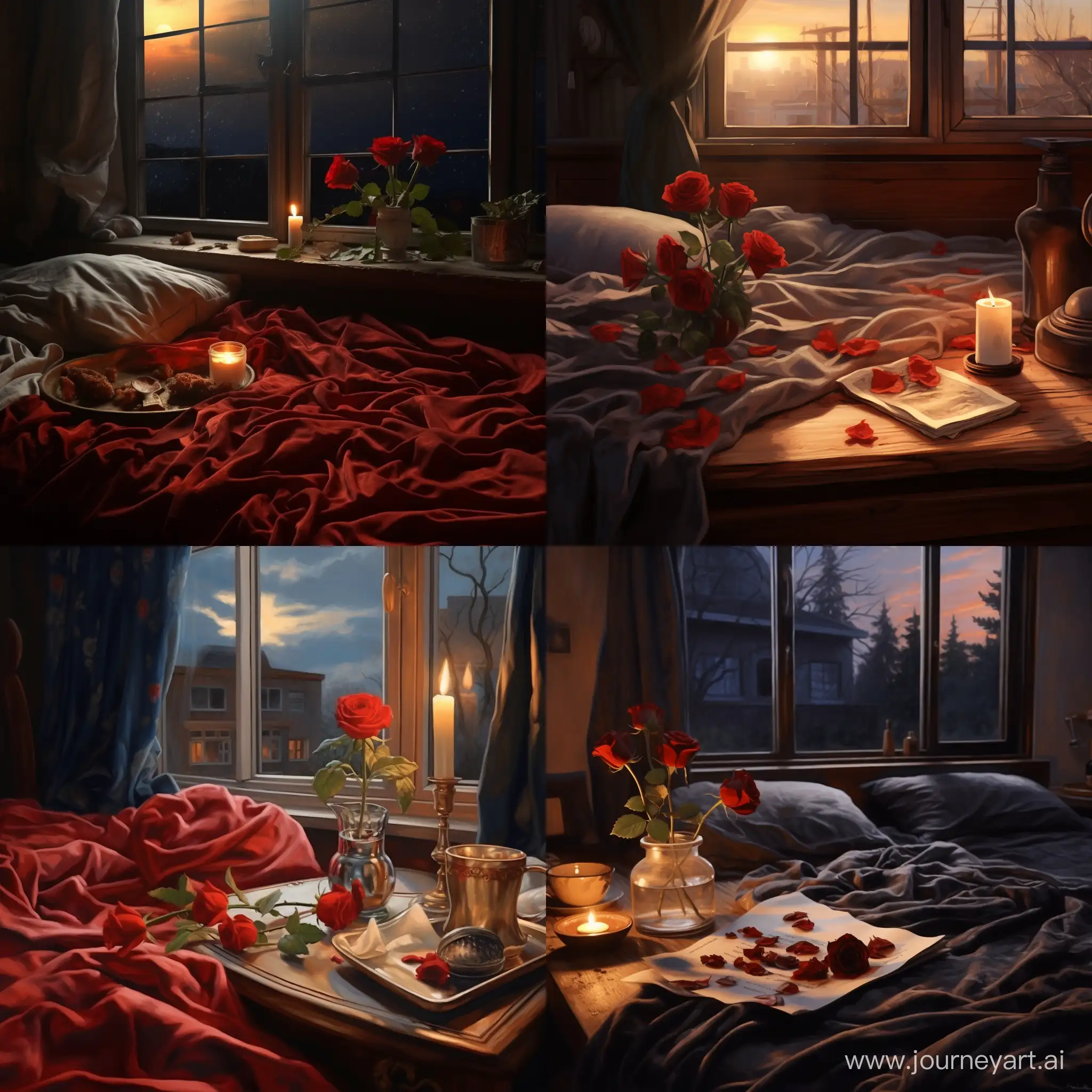 a rumpled bed, a red rose lies on the blanket, a candle is burning on the table, a window in the background, the night is in the window, realistic, beautiful, small details