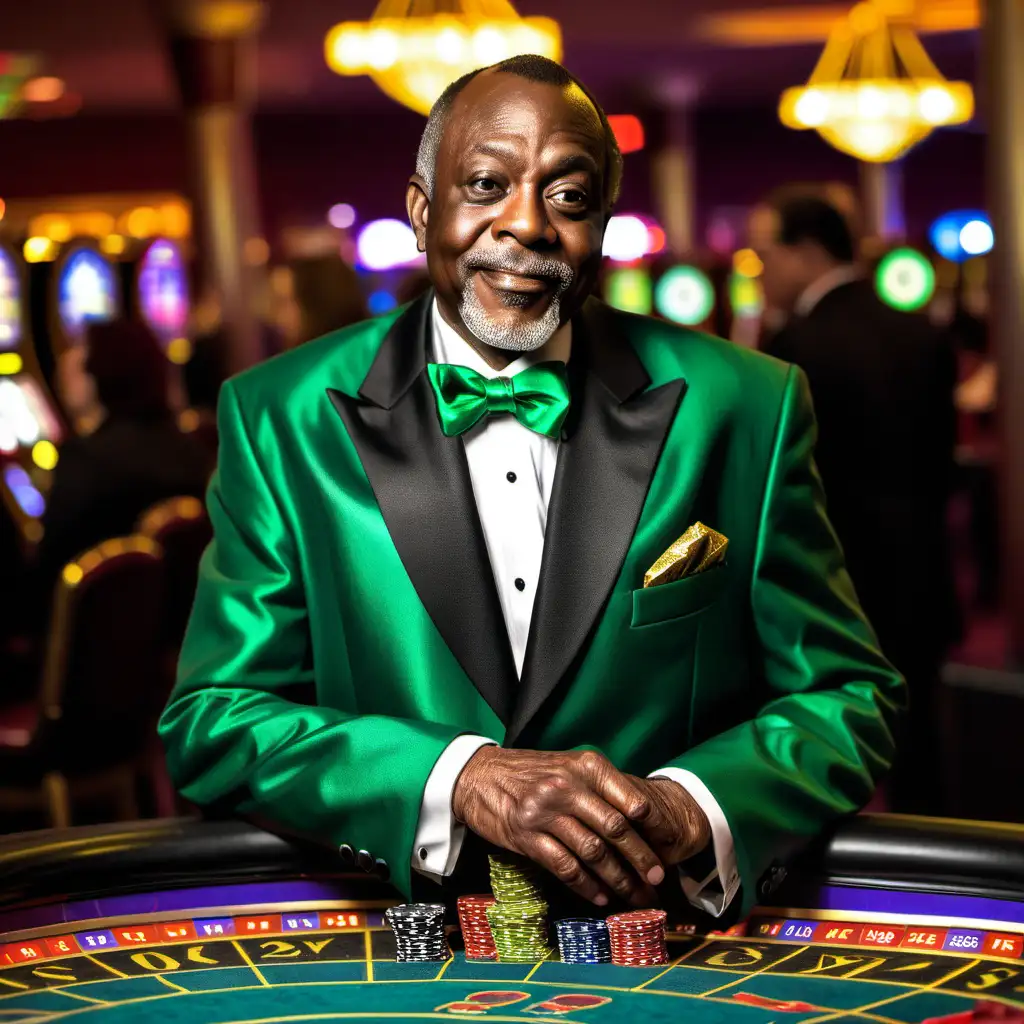 an african american 60 year old man at the casino with green tuxedo on