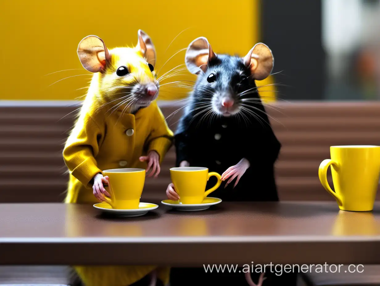 In the café sit yellow and black rats, the first one has a black color and narrow glasses, the second one has a yellow color, she is very tired and drinks coffee.