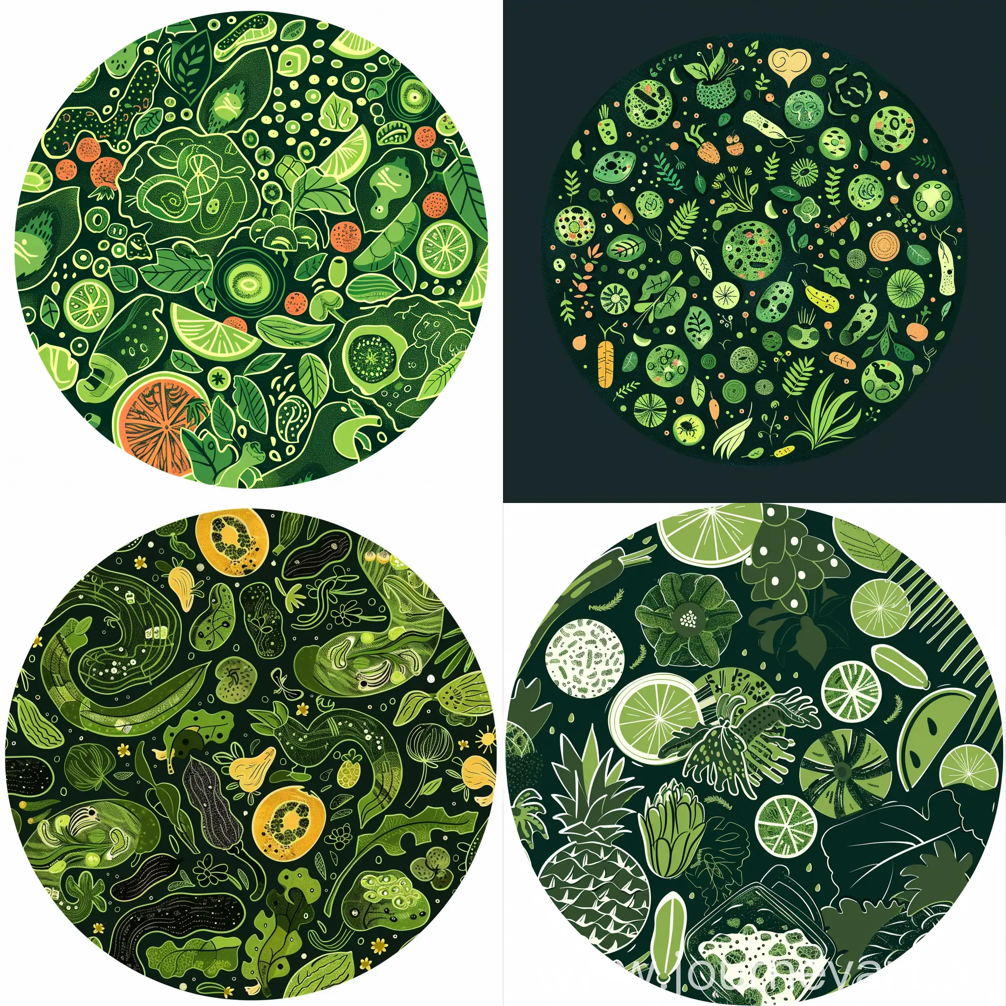 圆形图案，跟绿色环保波卡西堆肥有关的，画面主色调为绿色的插画