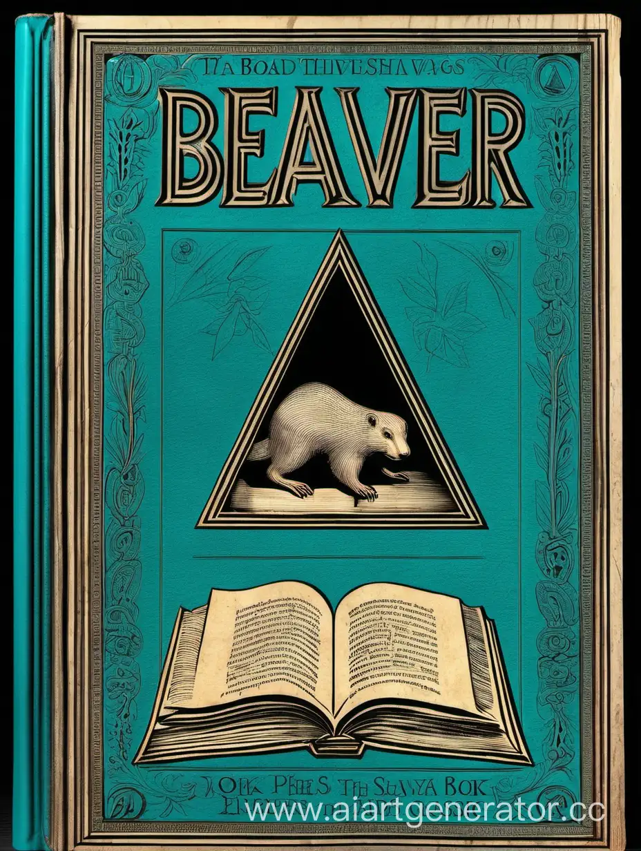 Ancient-WellPreserved-Book-with-Beaver-Emblem-on-Monochromatic-Turquoise-Background